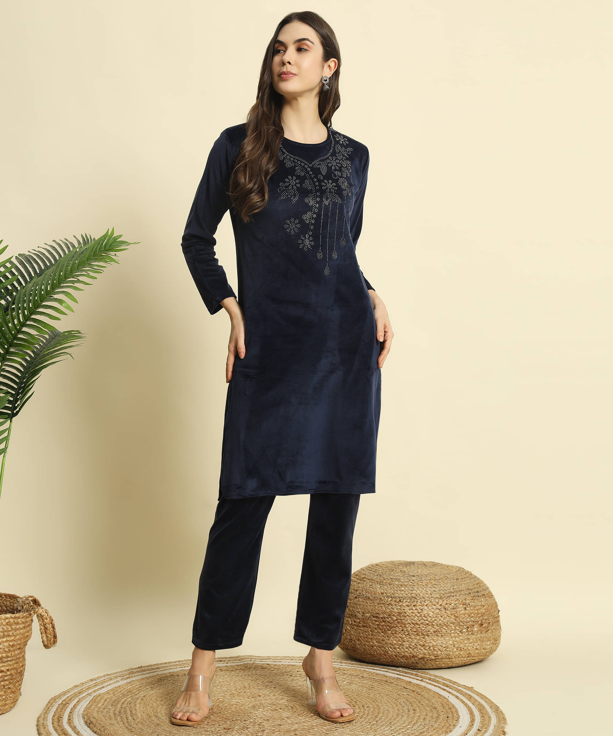 ZEPPI Women's Velvet Embellished Kurti With Palazzo ( Dark Blue ) ZEPPI Women's Velvet Embellished Kurti With Palazzo ( Dark Blue )