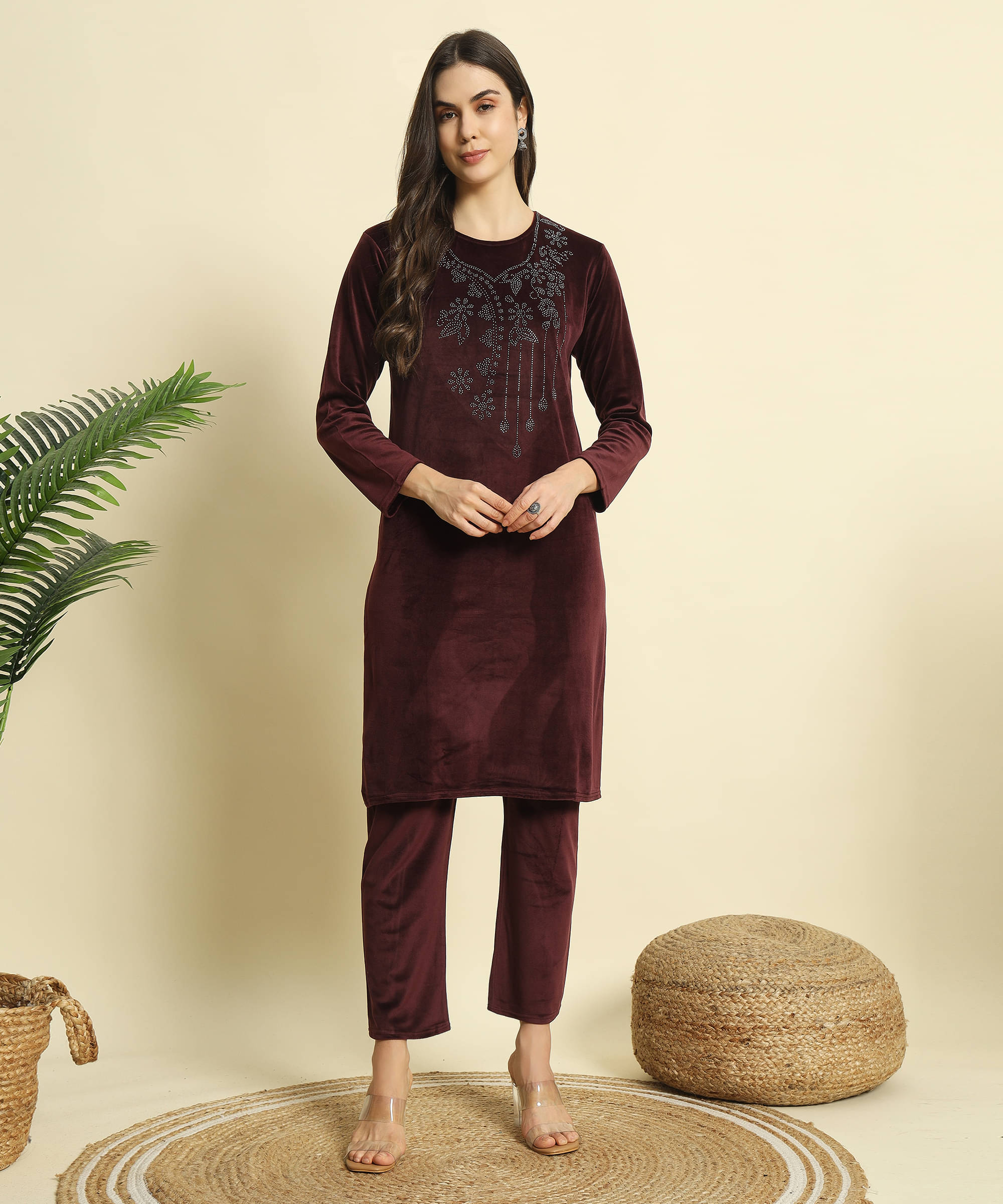 ZEPPI Women's Velvet Embellished Kurti With Palazzo ( Maroon ) ZEPPI Women's Velvet Embellished Kurti With Palazzo ( Maroon )