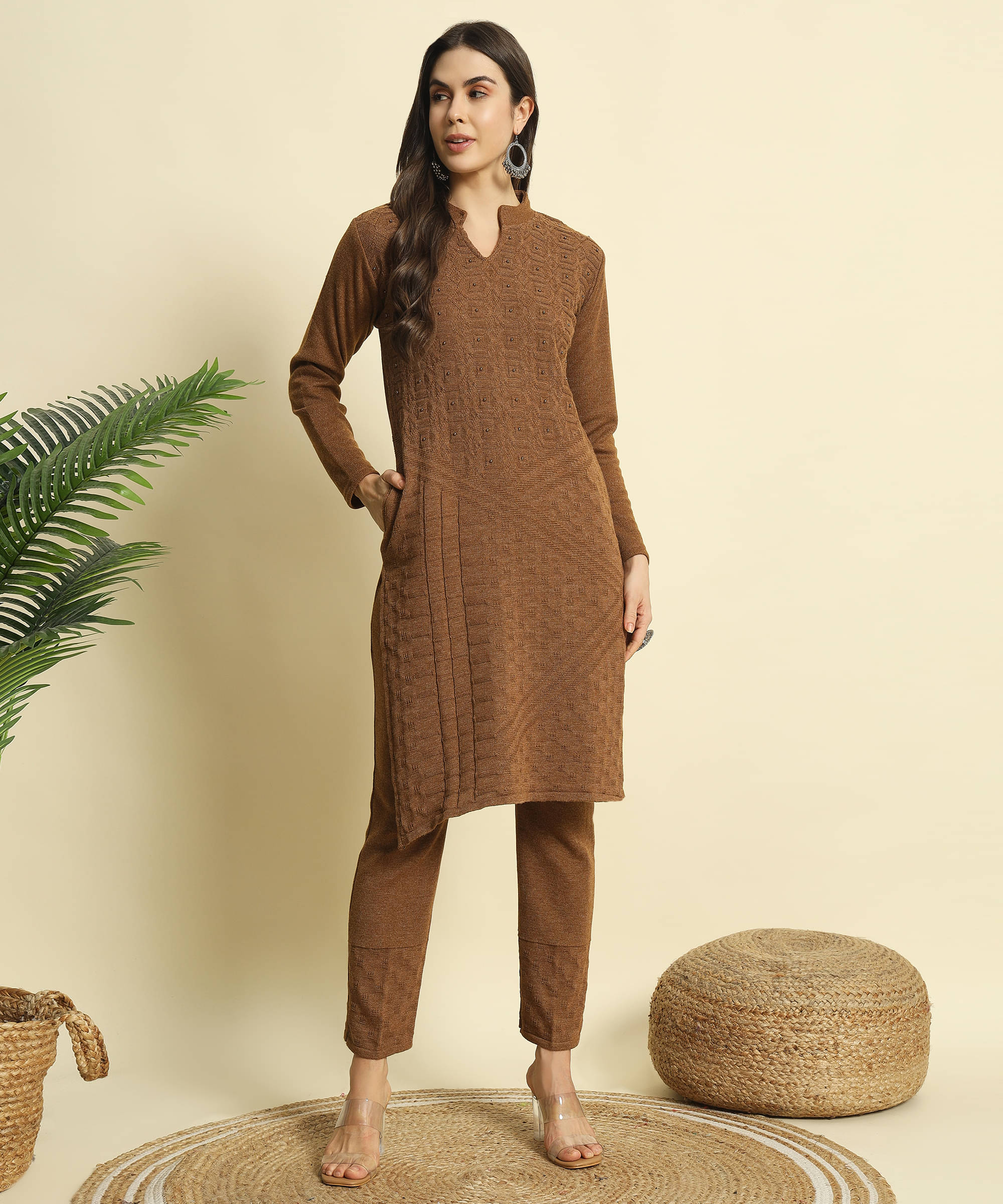 ZEPPI Women's Woollen Embellished Kurti With Palazzo ( Brown ) ZEPPI Women's Woollen Embellished Kurti With Palazzo ( Brown )