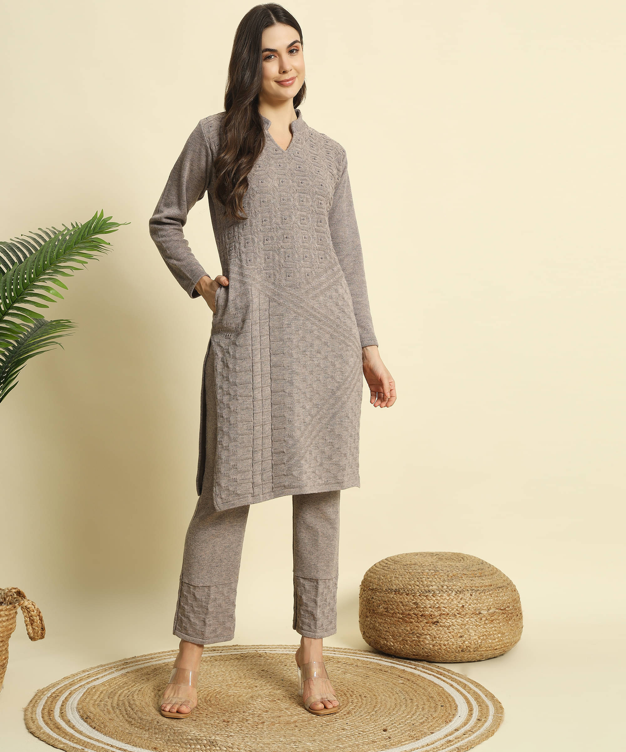 ZEPPI Women's Woollen Embellished Kurti With Palazzo ( Brown ) ZEPPI Women's Woollen Embellished Kurti With Palazzo ( Brown )