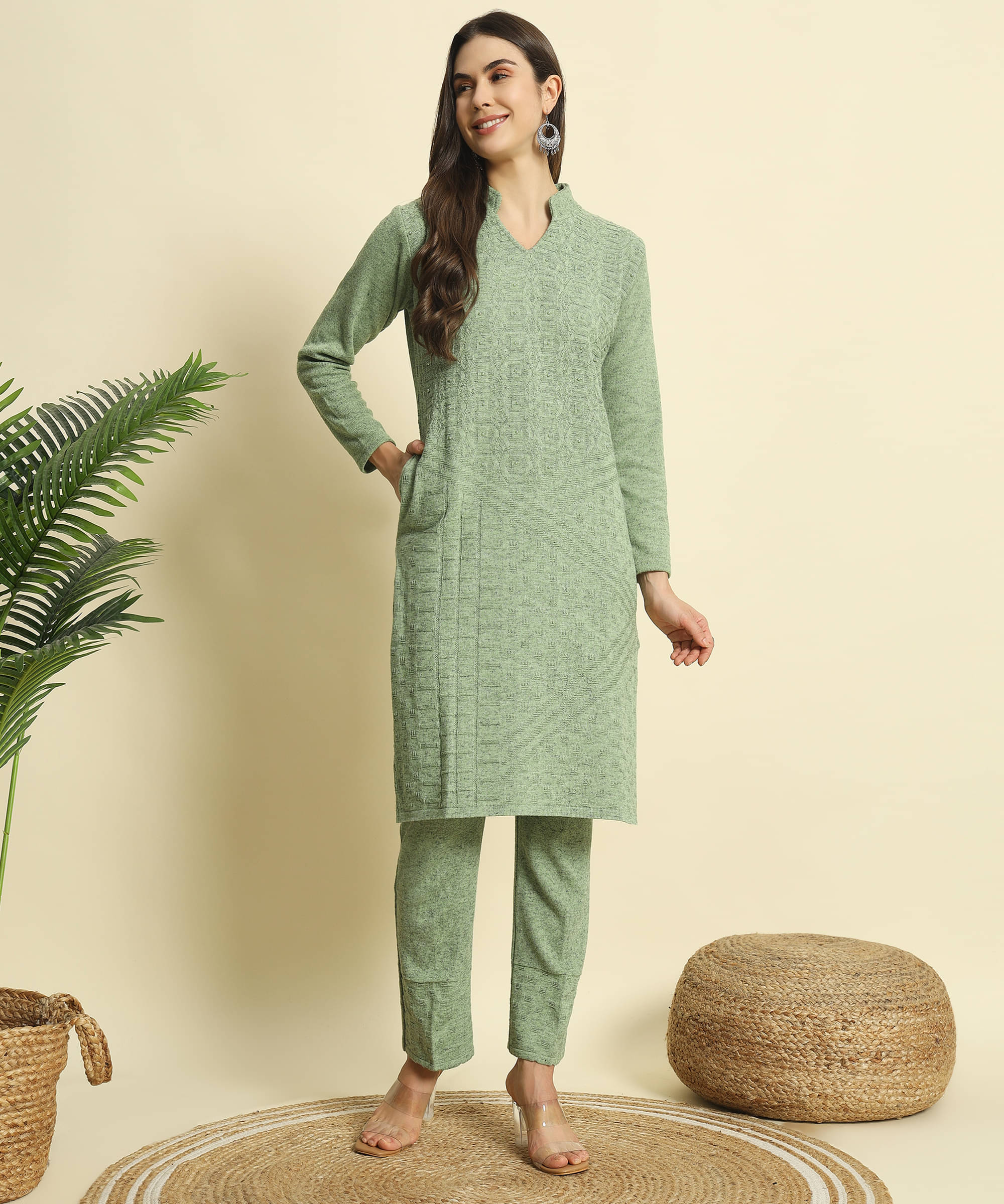     			ZEPPI Women's Woollen Embellished Kurti With Palazzo ( Light Green )
