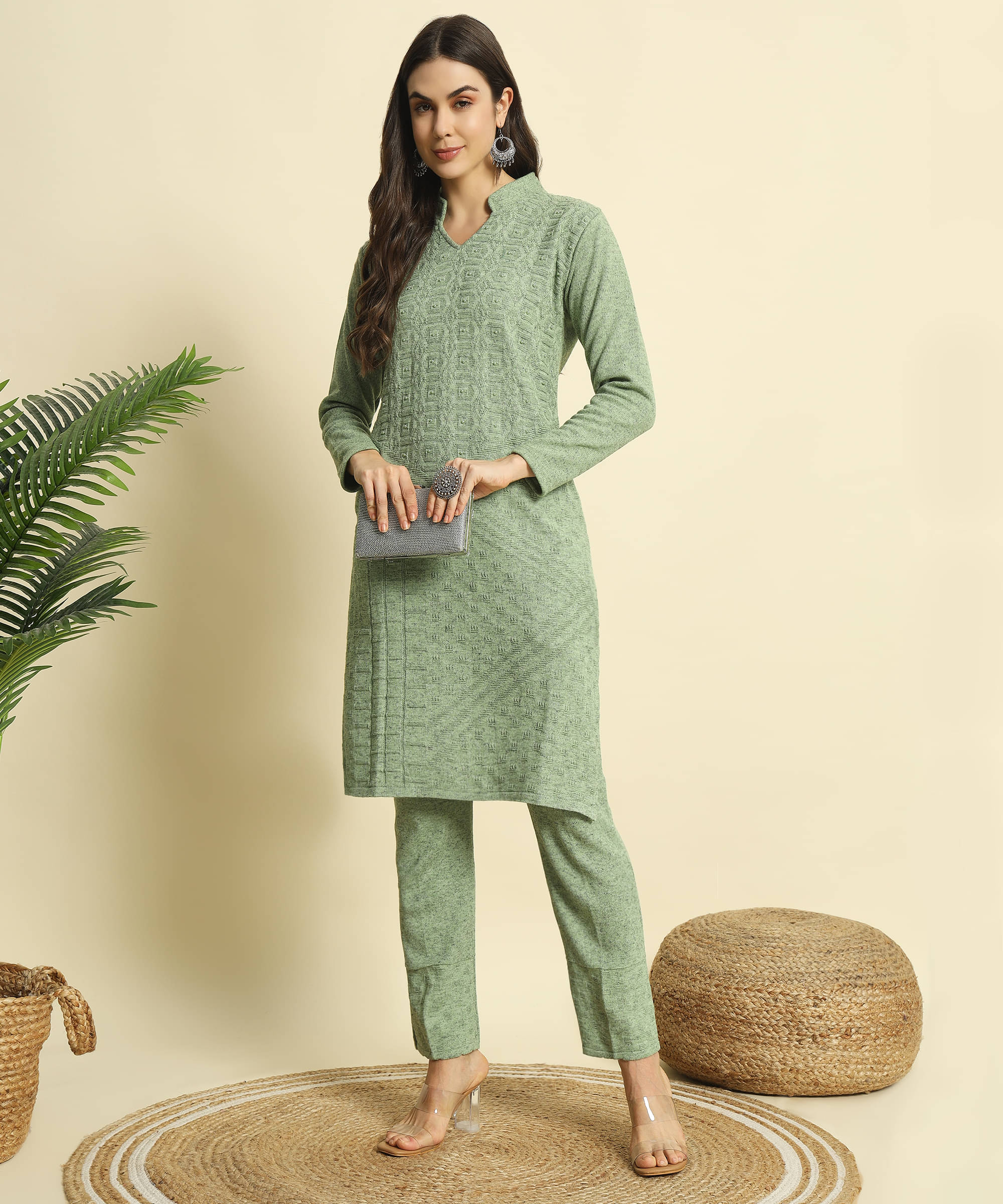     			ZEPPI Women's Woollen Embellished Kurti With Palazzo ( Light Green )