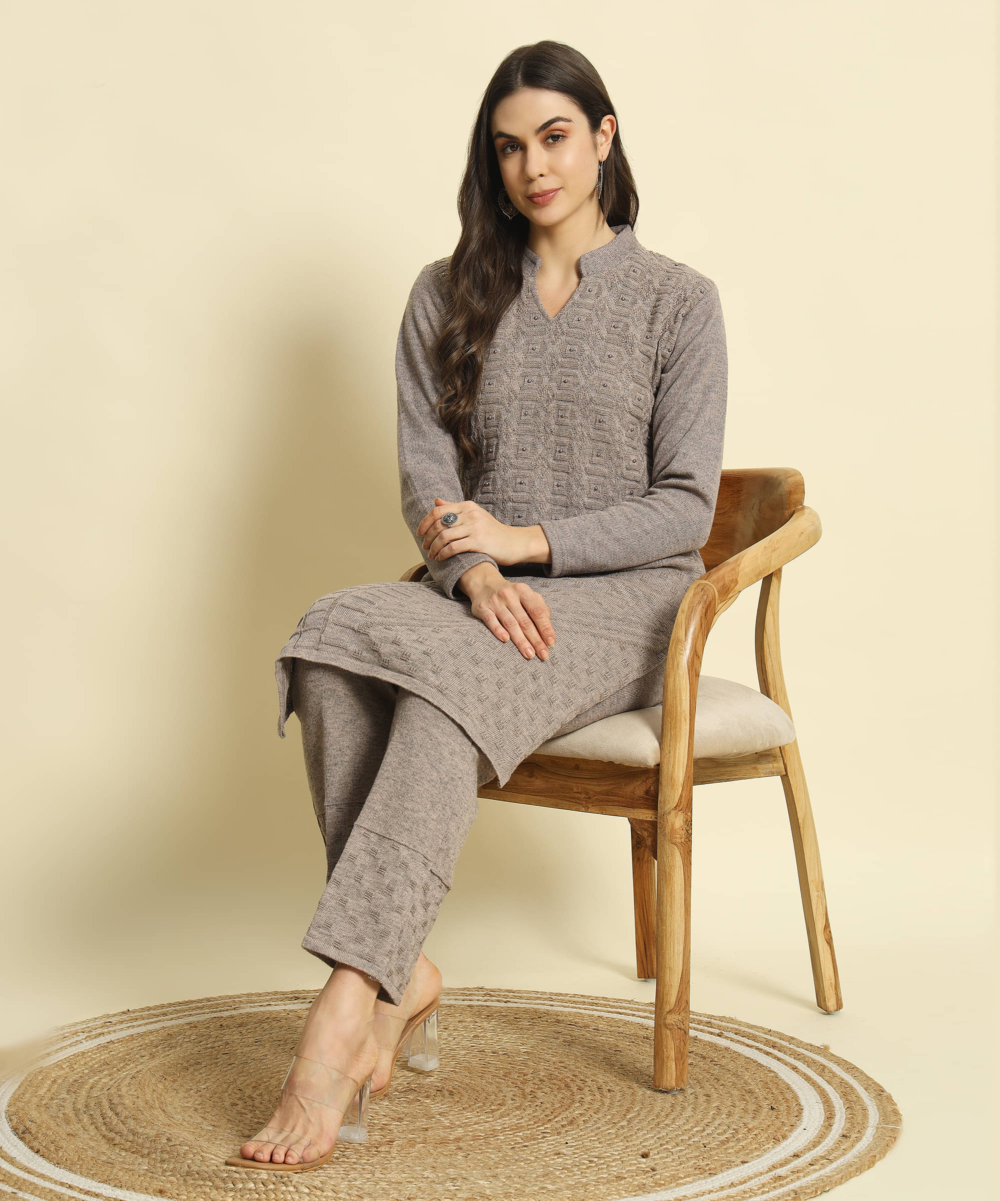 ZEPPI Women's Woollen Embellished Kurti With Palazzo ( Brown ) ZEPPI Women's Woollen Embellished Kurti With Palazzo ( Brown )