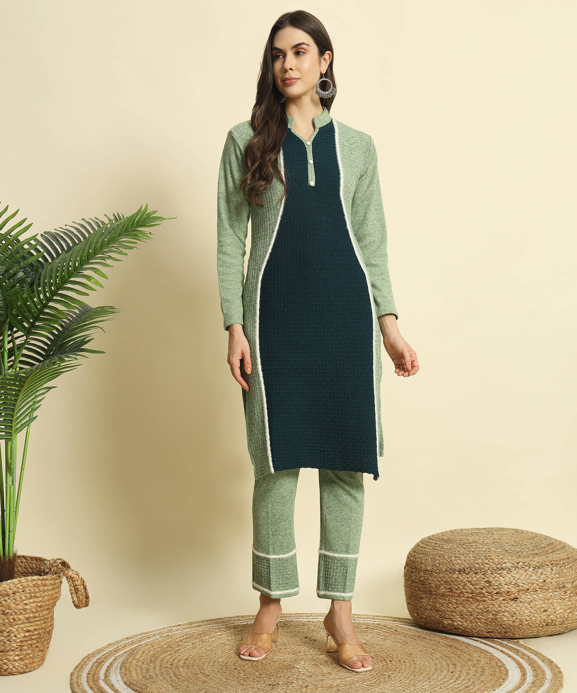     			ZEPPI Women's Woollen Self Design Kurti With Palazzo ( Light Green )