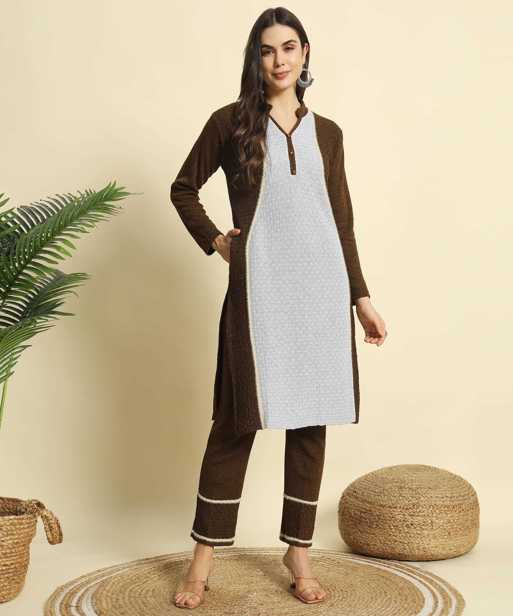 ZEPPI Women's Woollen Self Design Kurti With Palazzo ( Brown ) ZEPPI Women's Woollen Self Design Kurti With Palazzo ( Brown )