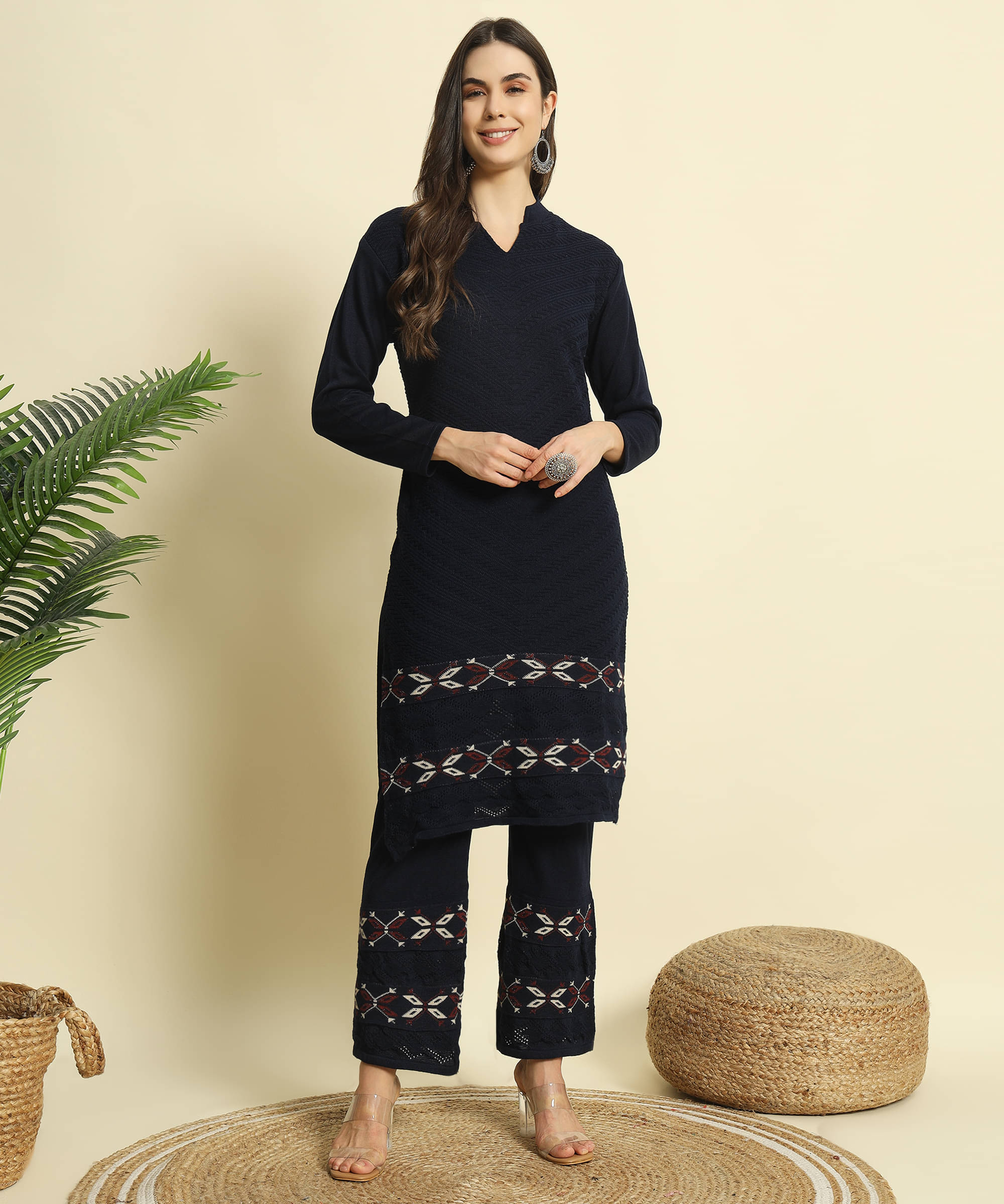 ZEPPI Women's Woollen Self Design Kurti With Palazzo ( Blue ) ZEPPI Women's Woollen Self Design Kurti With Palazzo ( Blue )