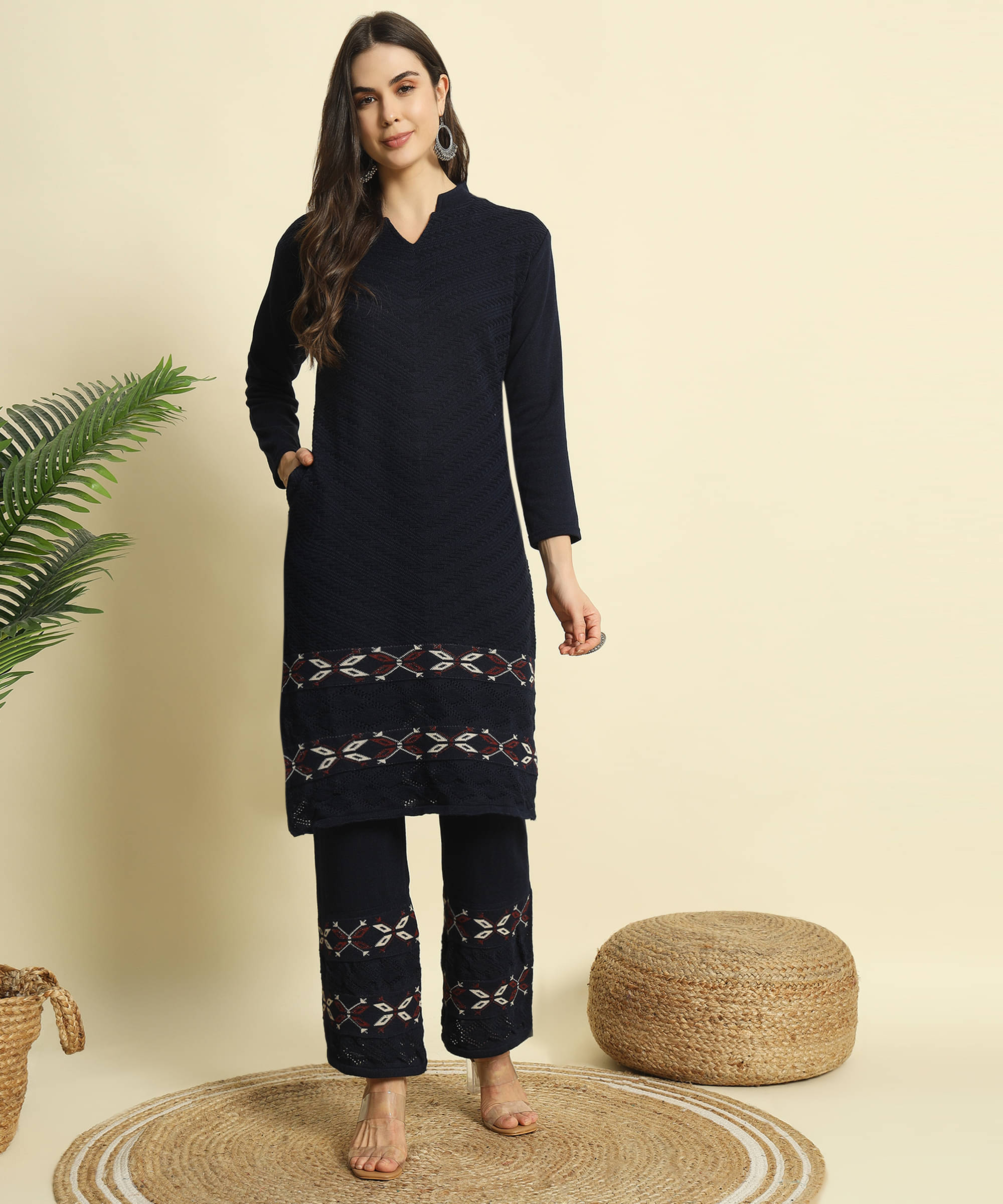 ZEPPI Women's Woollen Self Design Kurti With Palazzo ( Blue ) ZEPPI Women's Woollen Self Design Kurti With Palazzo ( Blue )