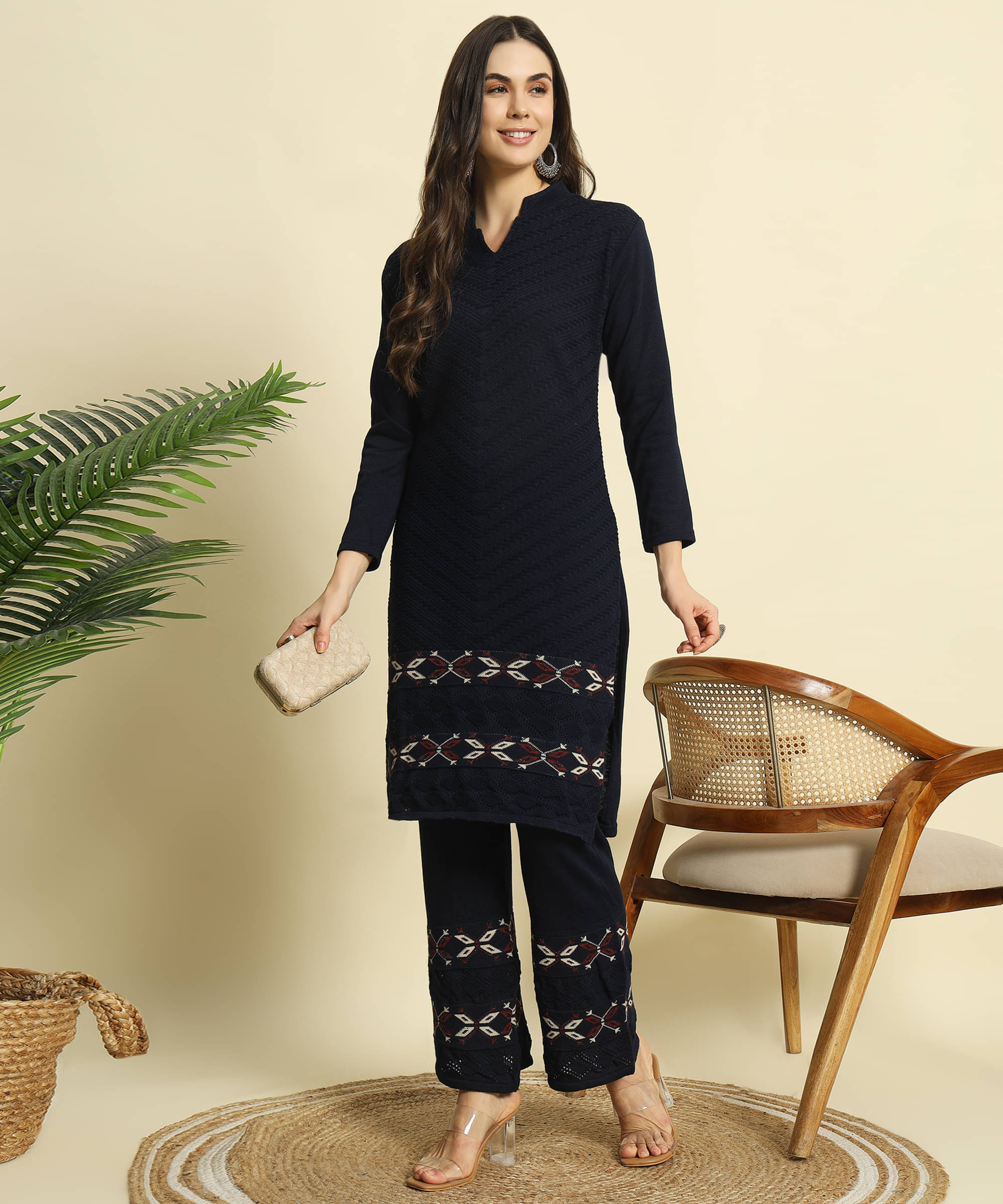 ZEPPI Women's Woollen Self Design Kurti With Palazzo ( Blue ) ZEPPI Women's Woollen Self Design Kurti With Palazzo ( Blue )