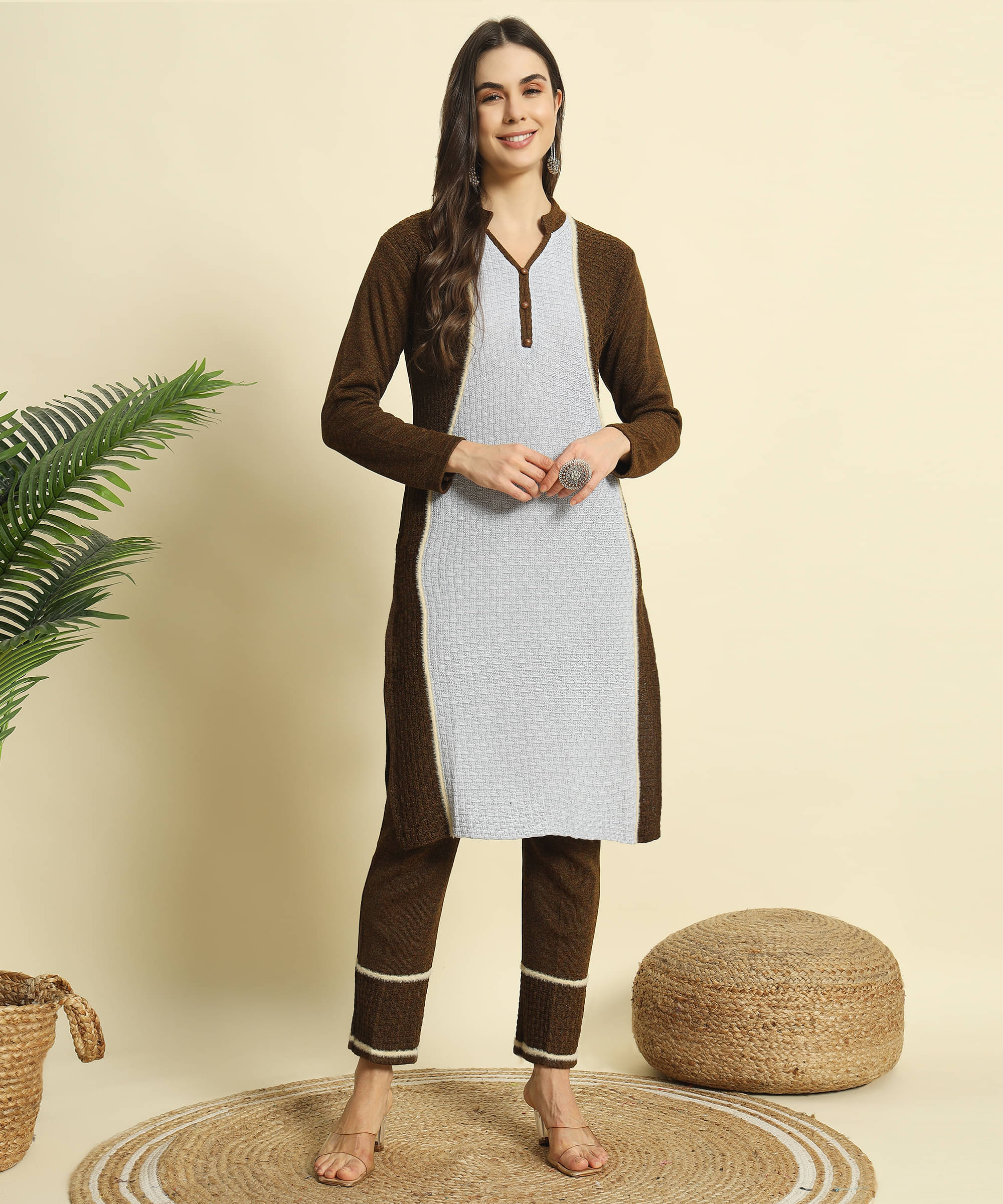 ZEPPI Women's Woollen Self Design Kurti With Palazzo ( Brown ) ZEPPI Women's Woollen Self Design Kurti With Palazzo ( Brown )