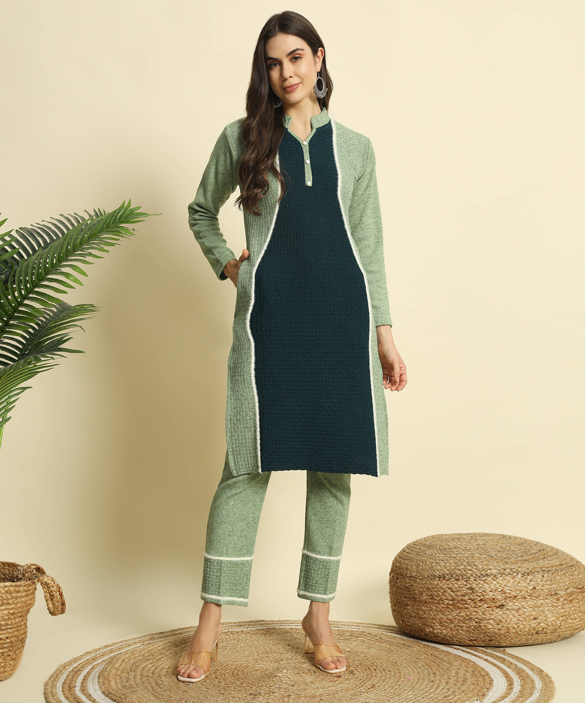     			ZEPPI Women's Woollen Self Design Kurti With Palazzo ( Light Green )