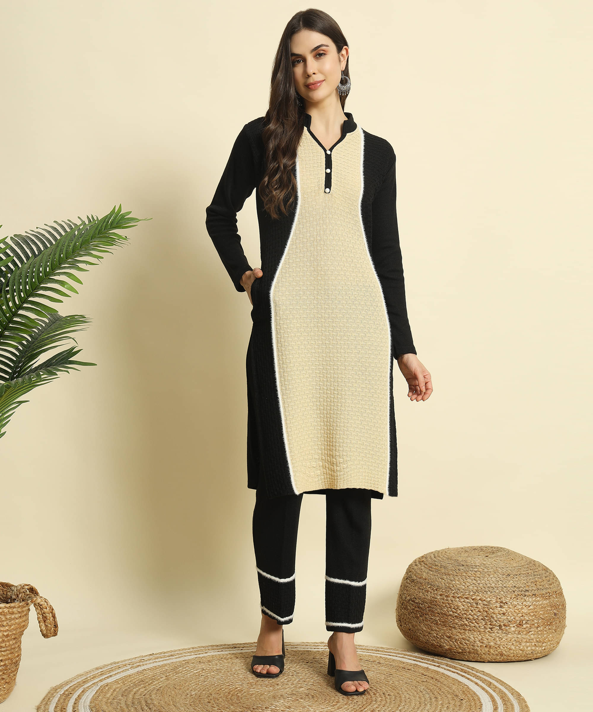     			ZEPPI Women's Woollen Self Design Kurti With Palazzo ( Black )