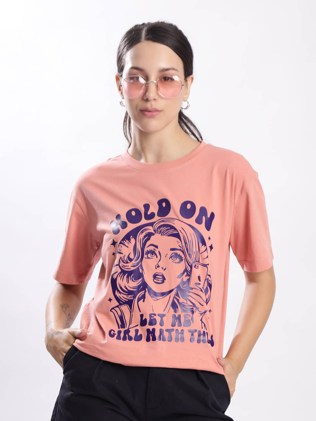     			IVOC Women Cotton Printed Regular Round Neck T-Shirt ( Peach )