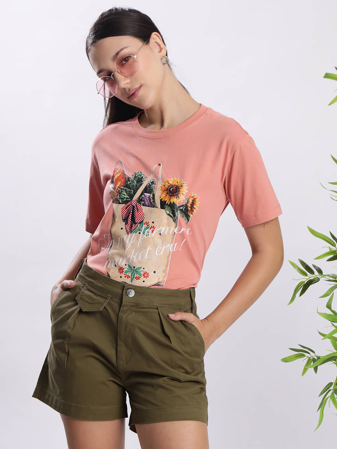     			IVOC Women Cotton Printed Regular Round Neck T-Shirt ( Peach )