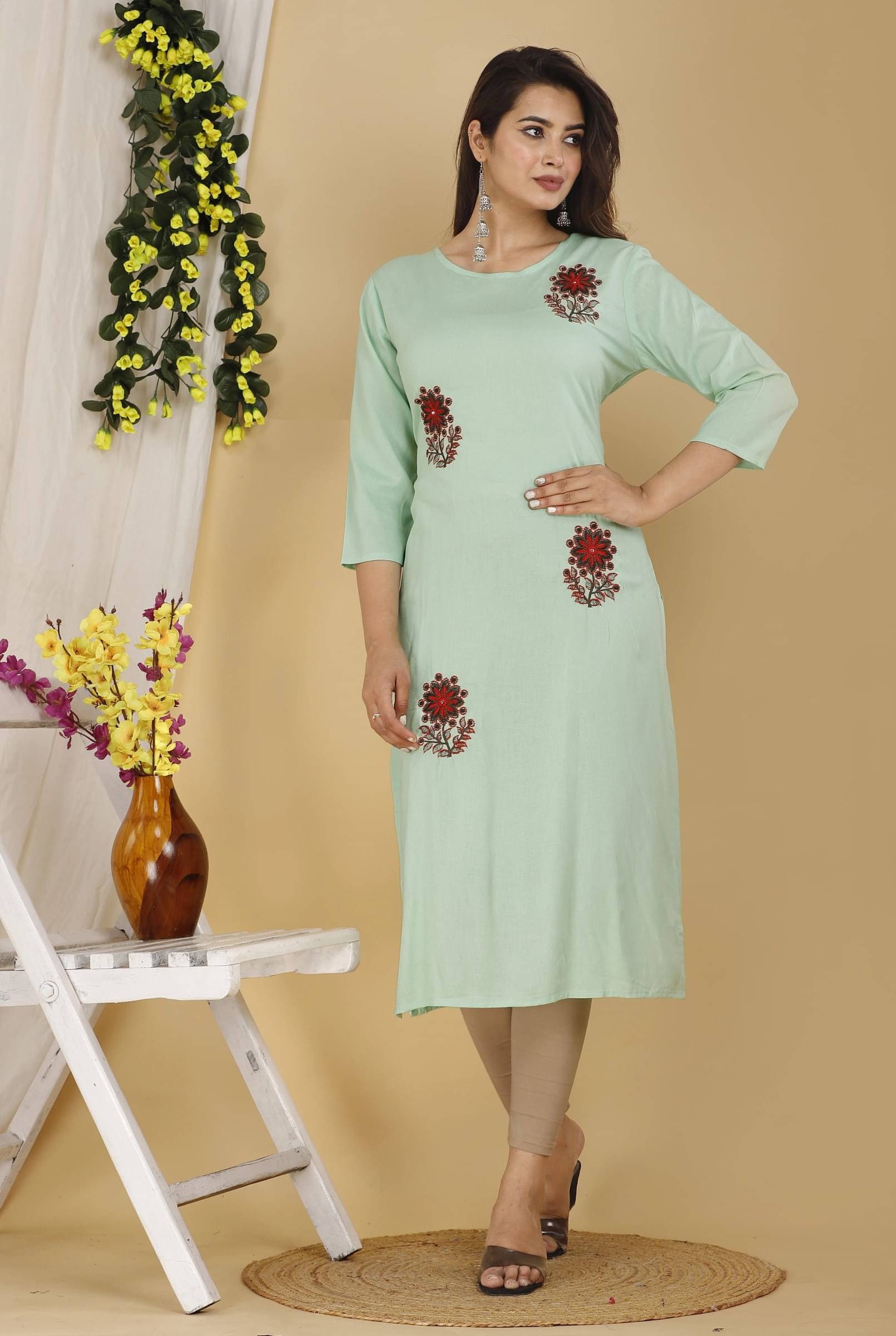 Mehsoos Women's Cotton Blend Embroidered Straight Kurti - ( Light Green ) Mehsoos Women's Cotton Blend Embroidered Straight Kurti - ( Light Green )