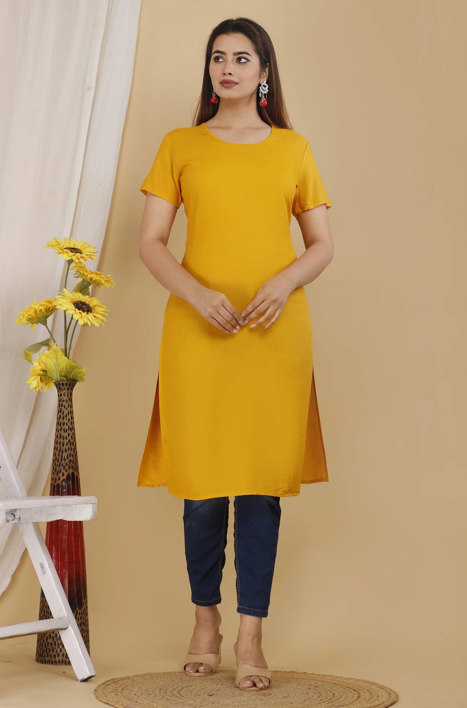 Mehsoos Women's Cotton Blend Solid Straight Kurti - ( Yellow ) Mehsoos Women's Cotton Blend Solid Straight Kurti - ( Yellow )