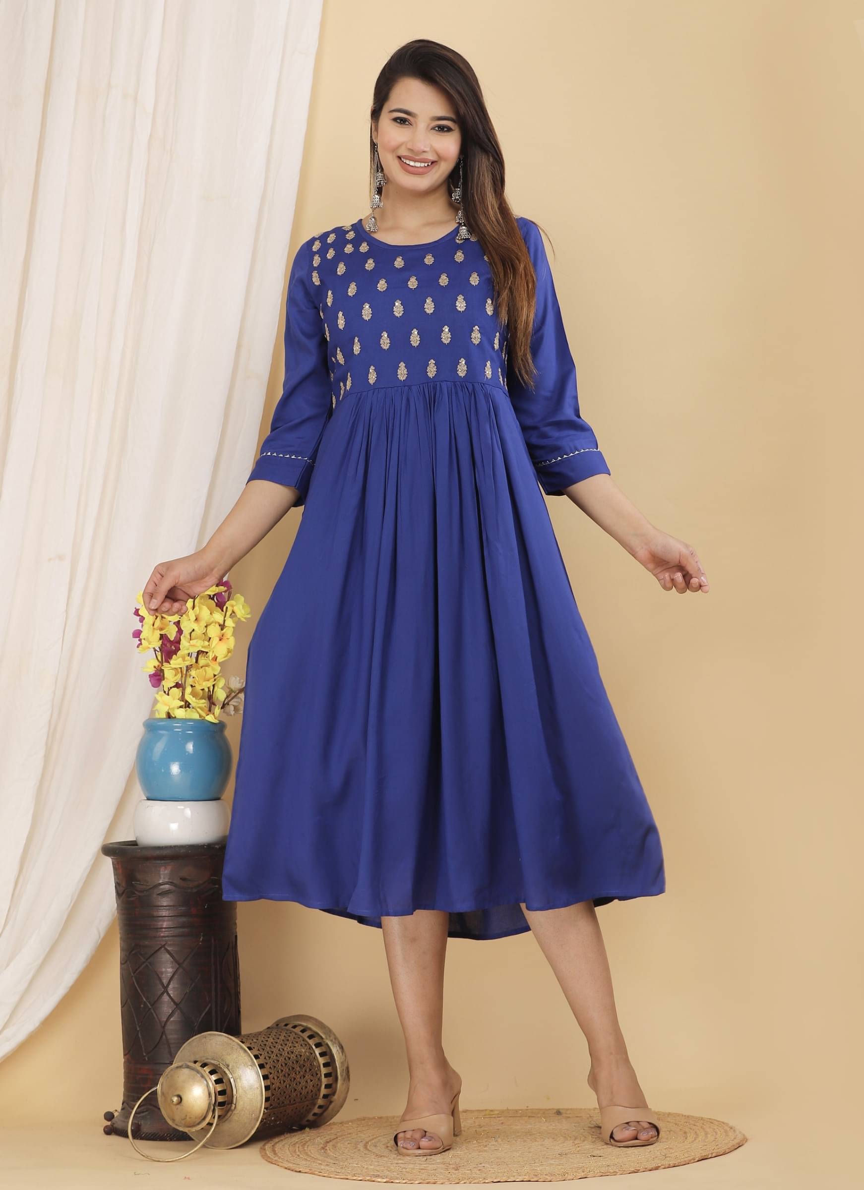 Mehsoos Women's Cotton Blend Embroidered Anarkali Kurti - ( Blue )     			Mehsoos Women's Cotton Blend Embroidered Anarkali Kurti - ( Blue )