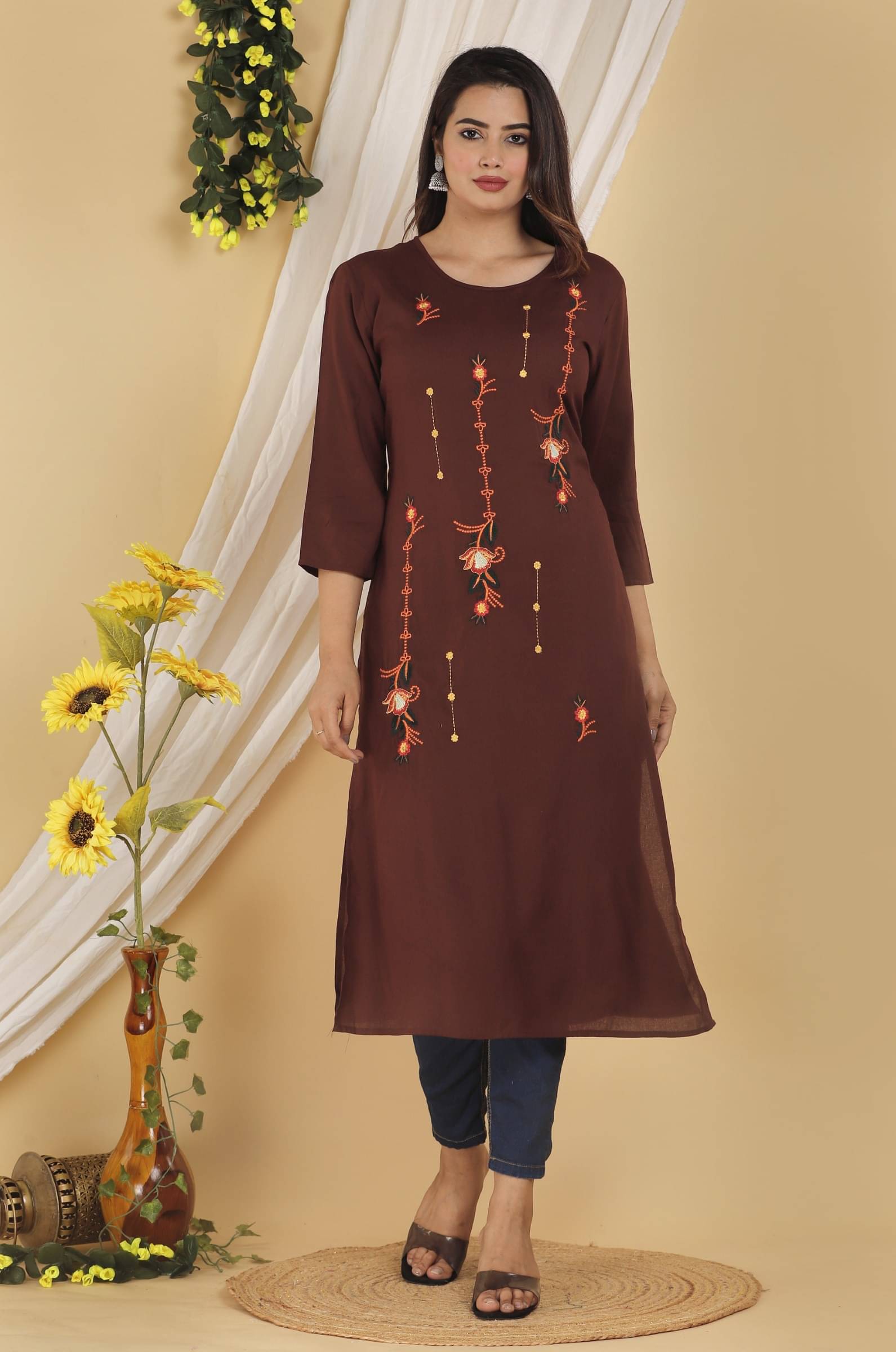     			Mehsoos Women's Cotton Blend Embroidered Straight Kurti - ( Multicolor )