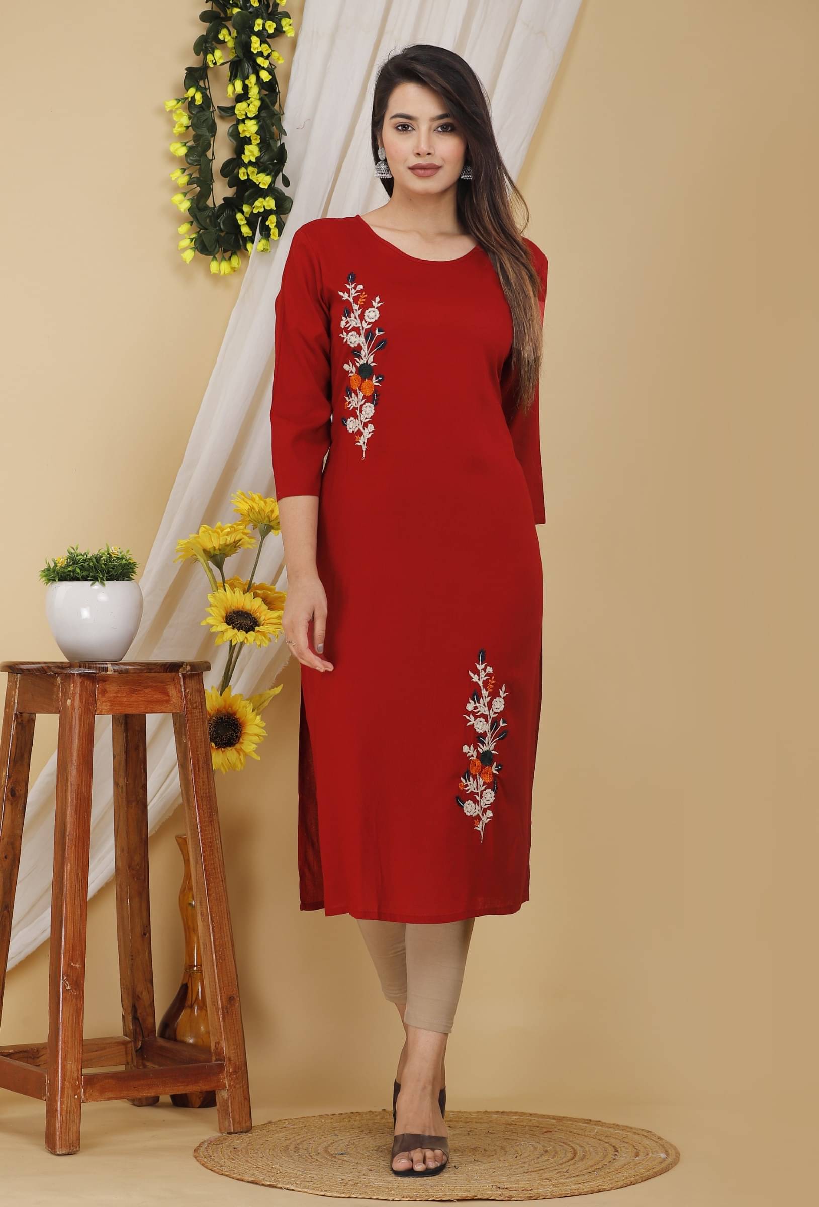 Mehsoos Women's Cotton Blend Embroidered Straight Kurti - ( Maroon ) Mehsoos Women's Cotton Blend Embroidered Straight Kurti - ( Maroon )