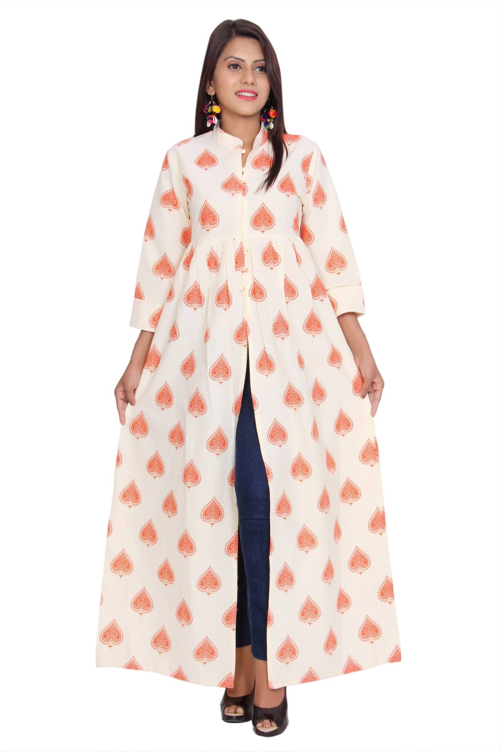     			Mehsoos Women's Cotton Blend Printed Straight Kurti - ( Orange )