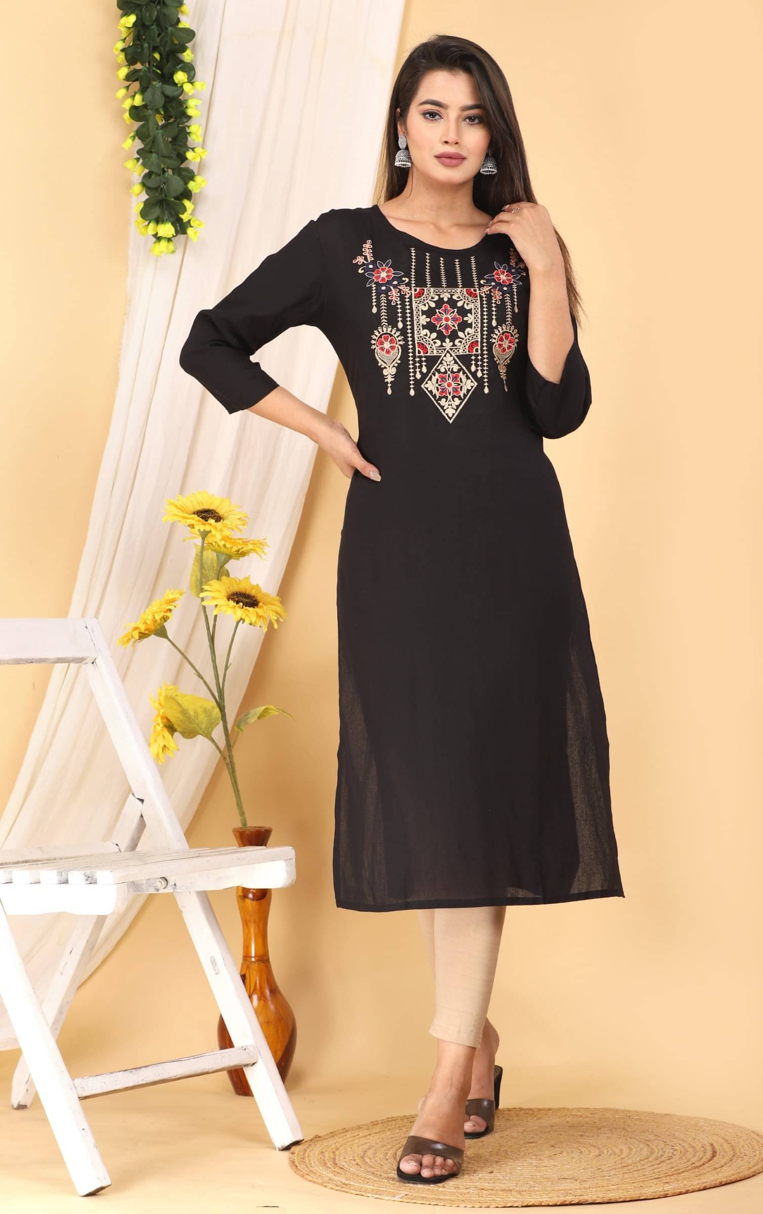 Mehsoos Women's Cotton Blend Embroidered Straight Kurti - ( Black ) Mehsoos Women's Cotton Blend Embroidered Straight Kurti - ( Black )