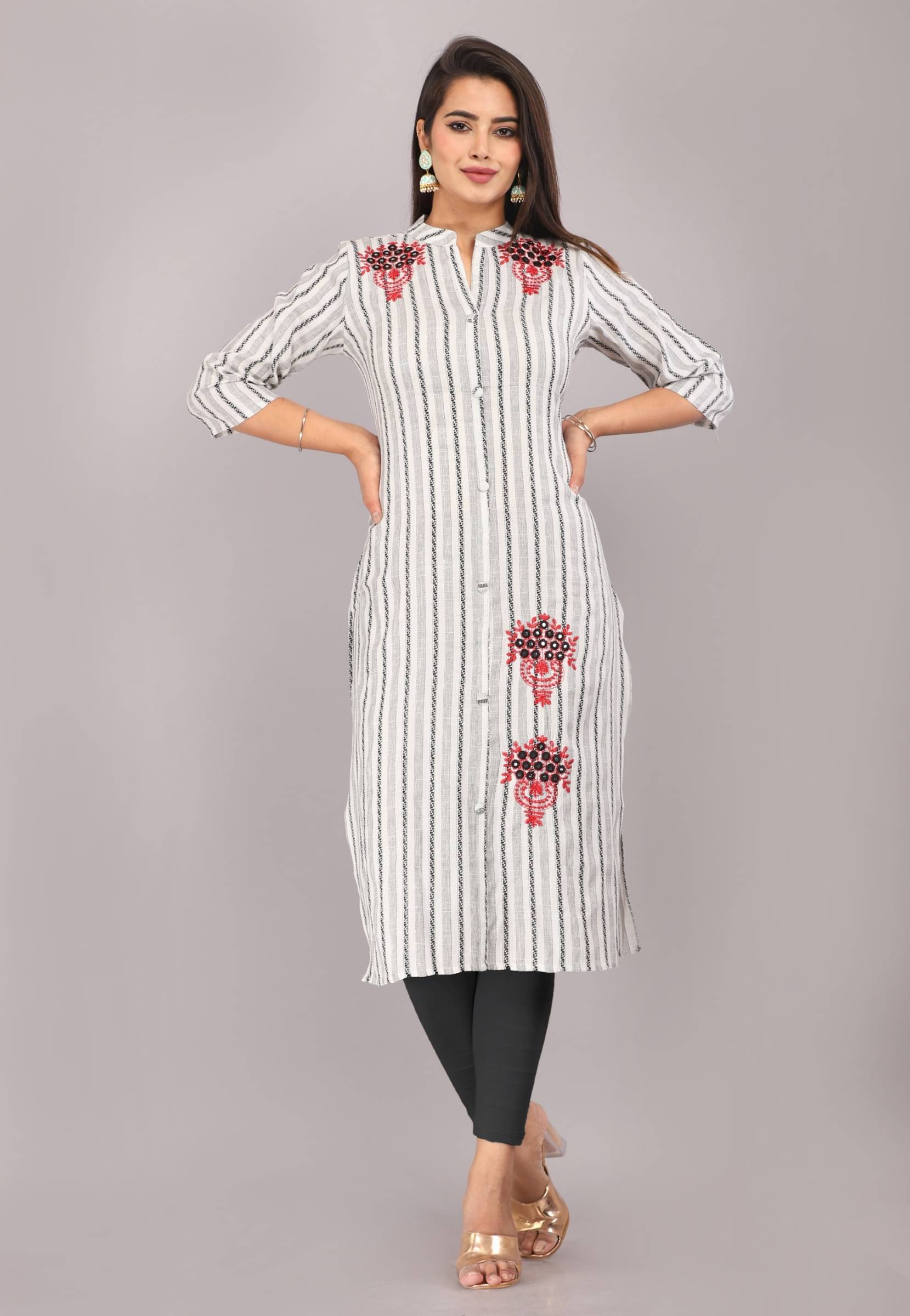 Mehsoos Women's Cotton Blend Striped Straight Kurti - ( White ) Mehsoos Women's Cotton Blend Striped Straight Kurti - ( White )