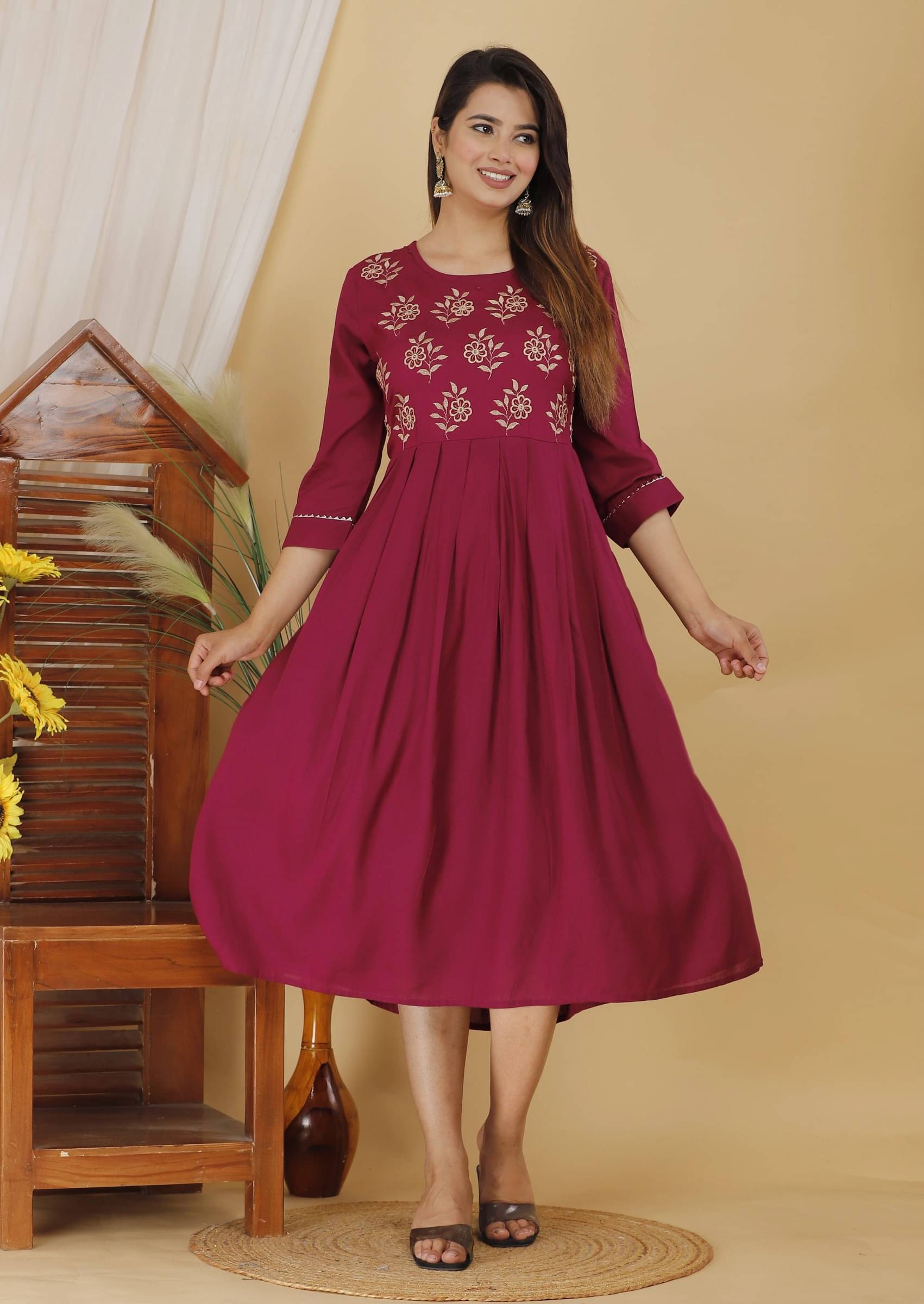 Mehsoos Women's Cotton Blend Embroidered Anarkali Kurti - ( Maroon ) Mehsoos Women's Cotton Blend Embroidered Anarkali Kurti - ( Maroon )