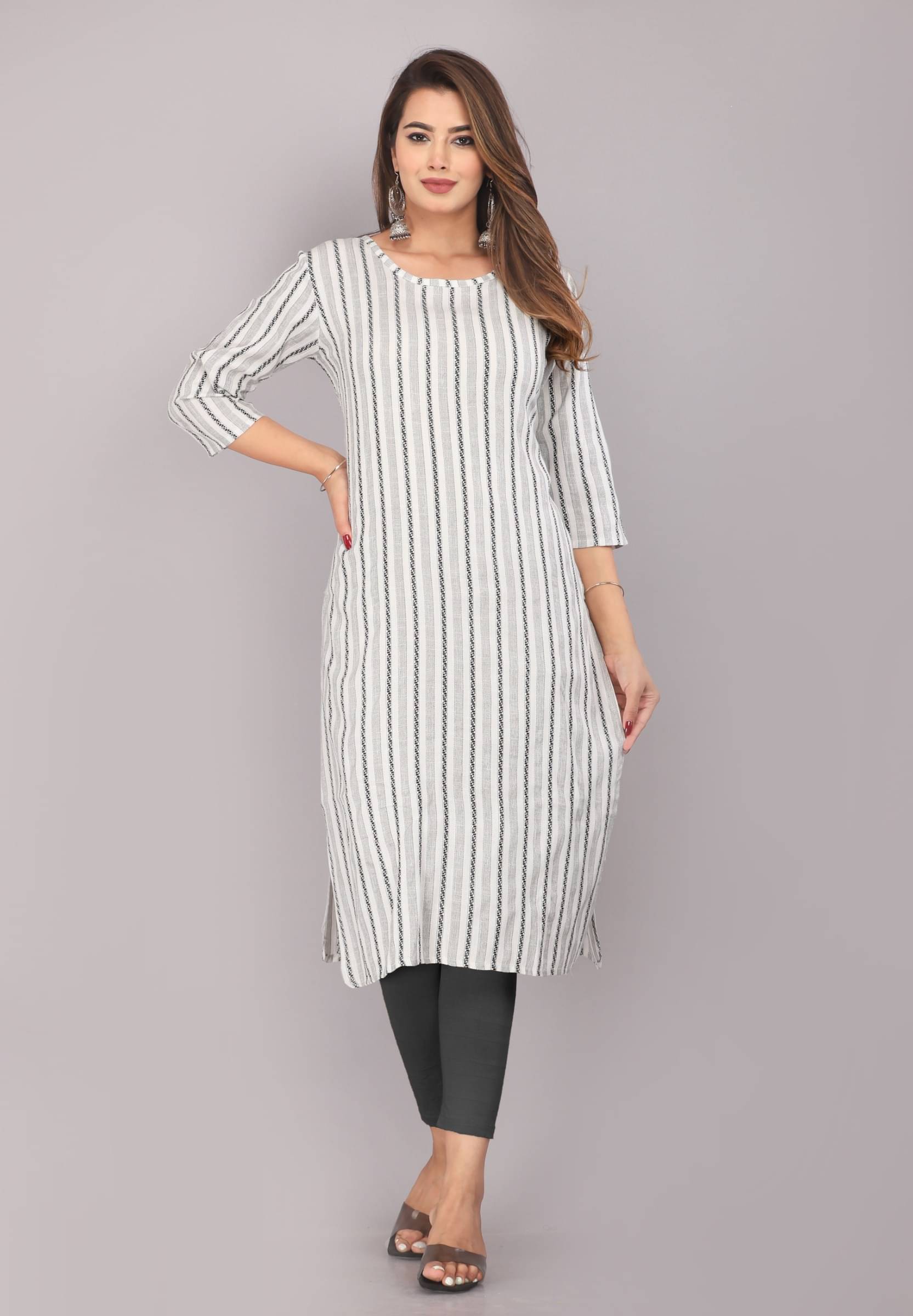 Mehsoos Women's Cotton Checks Straight Kurti - ( White ) Mehsoos Women's Cotton Checks Straight Kurti - ( White )