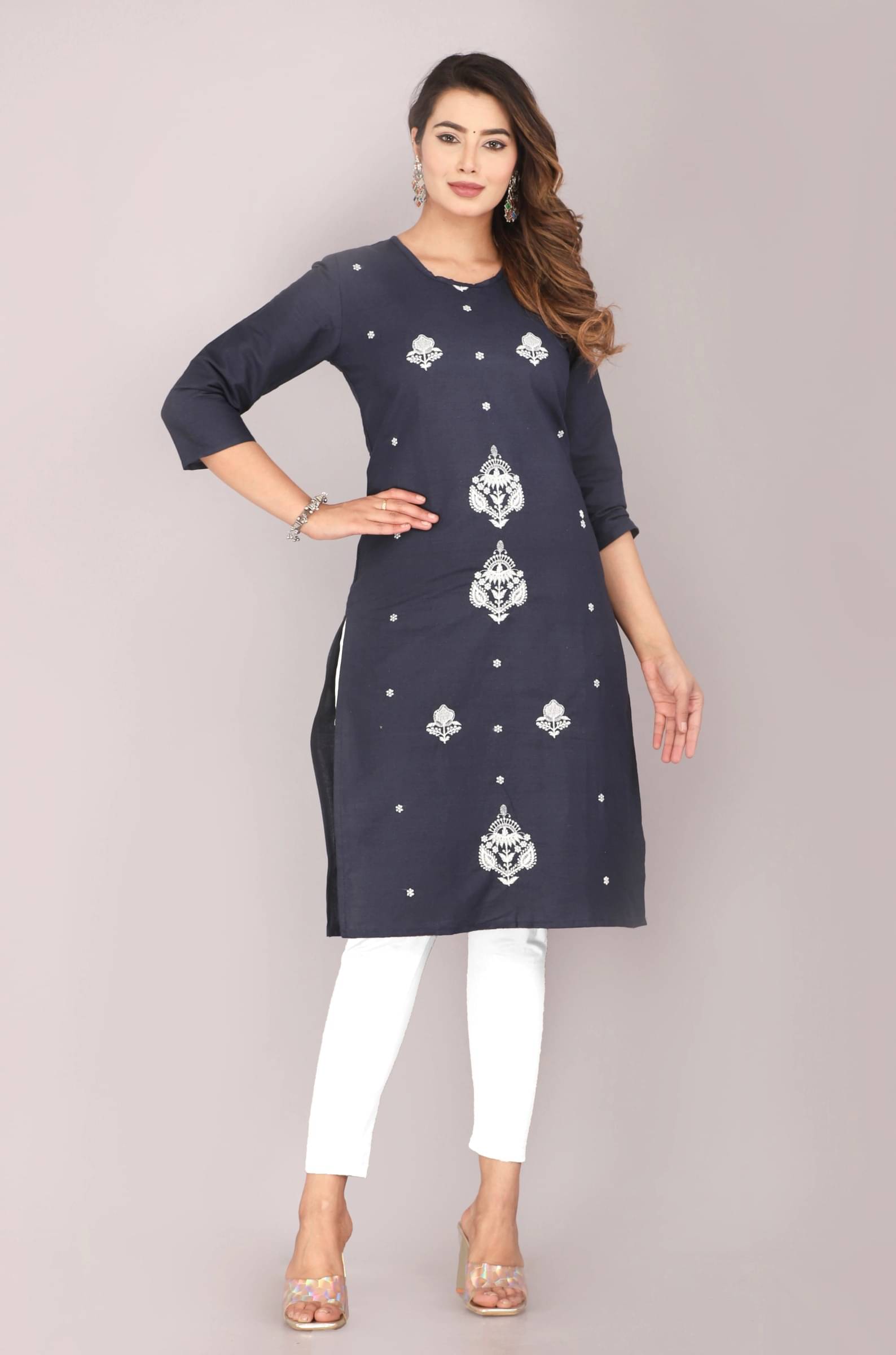     			Mehsoos Women's Cotton Embroidered Straight Kurti - ( Dark Blue )