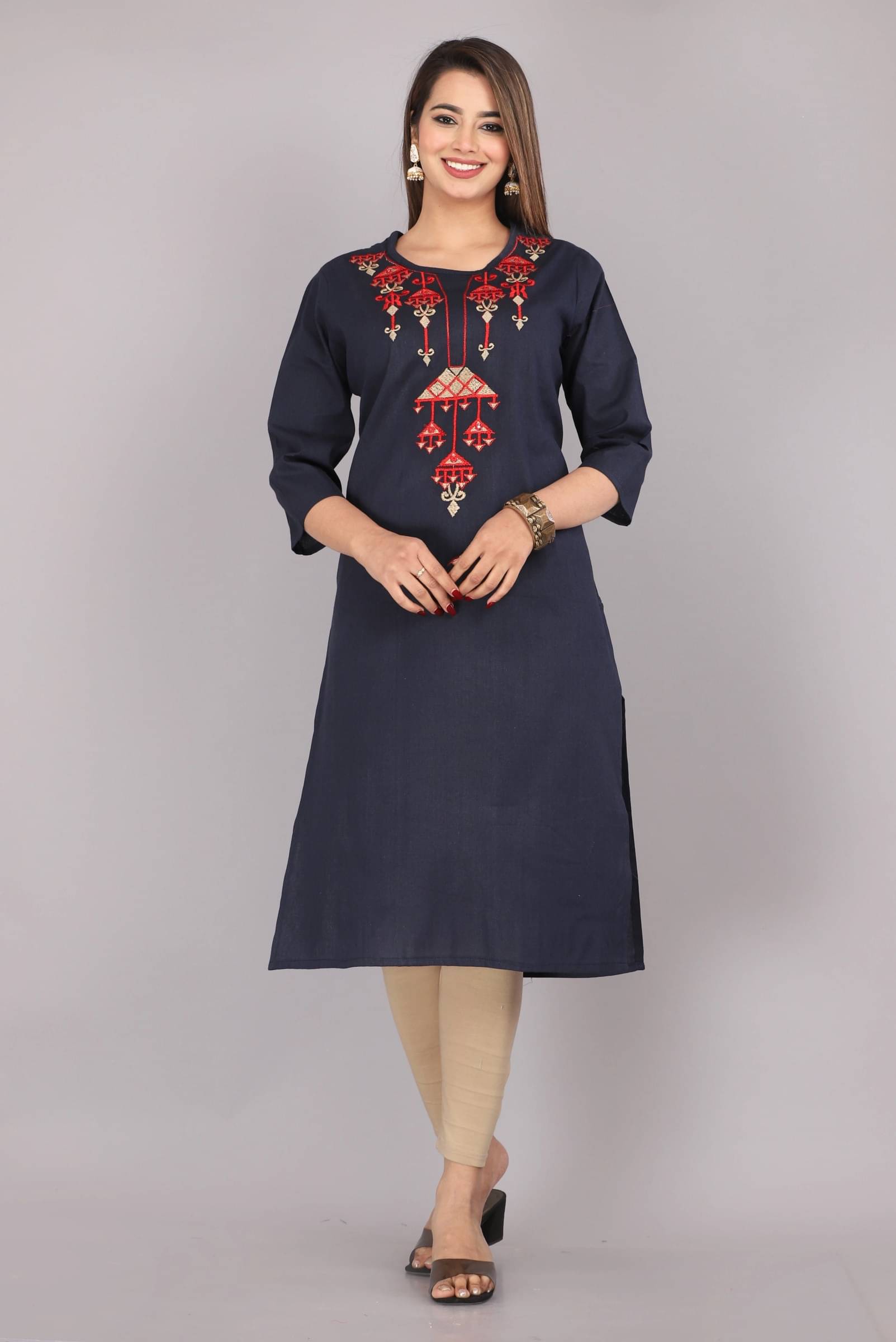 Mehsoos Women's Cotton Embroidered Straight Kurti - ( Dark Blue )     			Mehsoos Women's Cotton Embroidered Straight Kurti - ( Dark Blue )