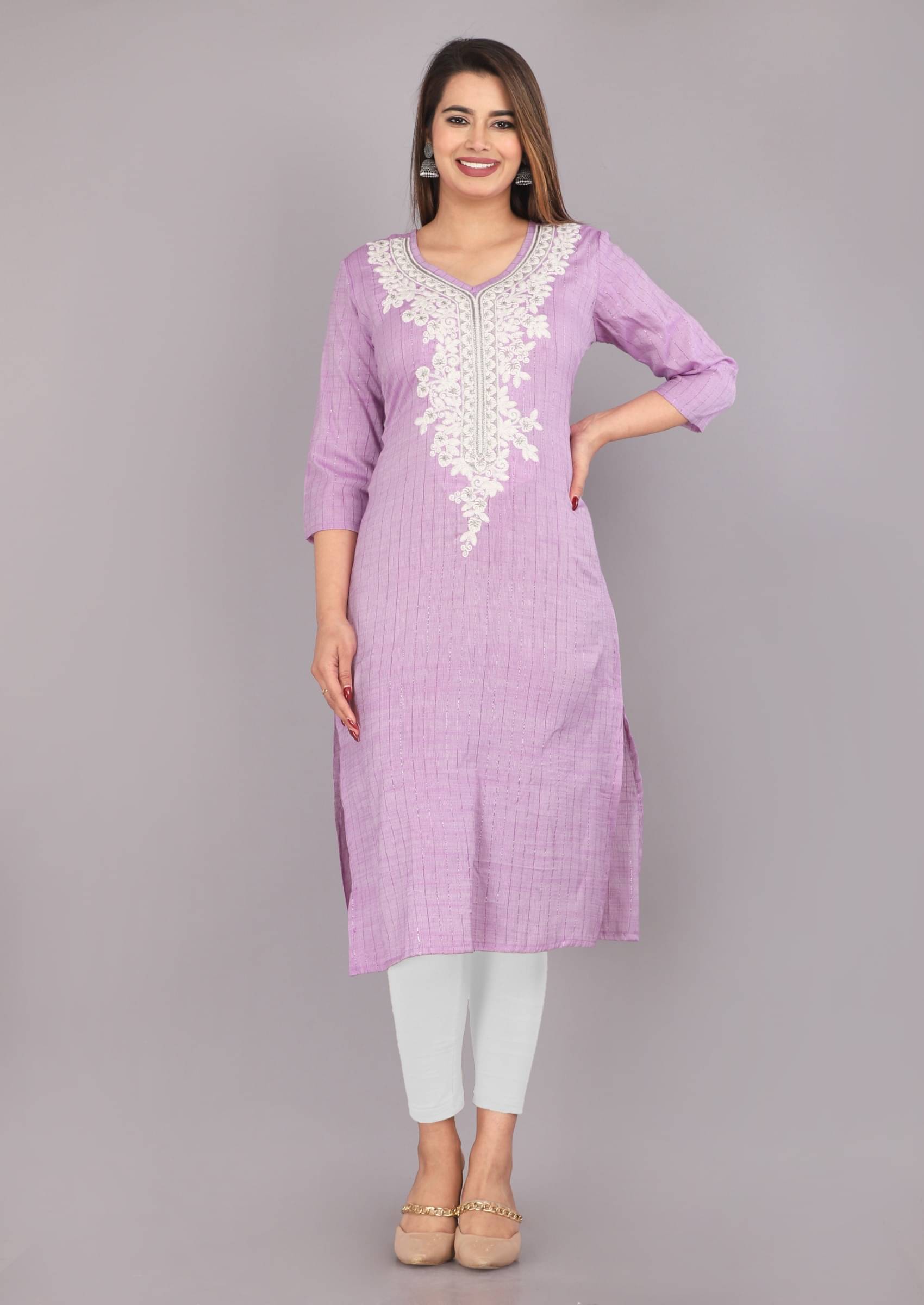 Mehsoos Women's Cotton Embroidered Straight Kurti - ( Purple ) Mehsoos Women's Cotton Embroidered Straight Kurti - ( Purple )