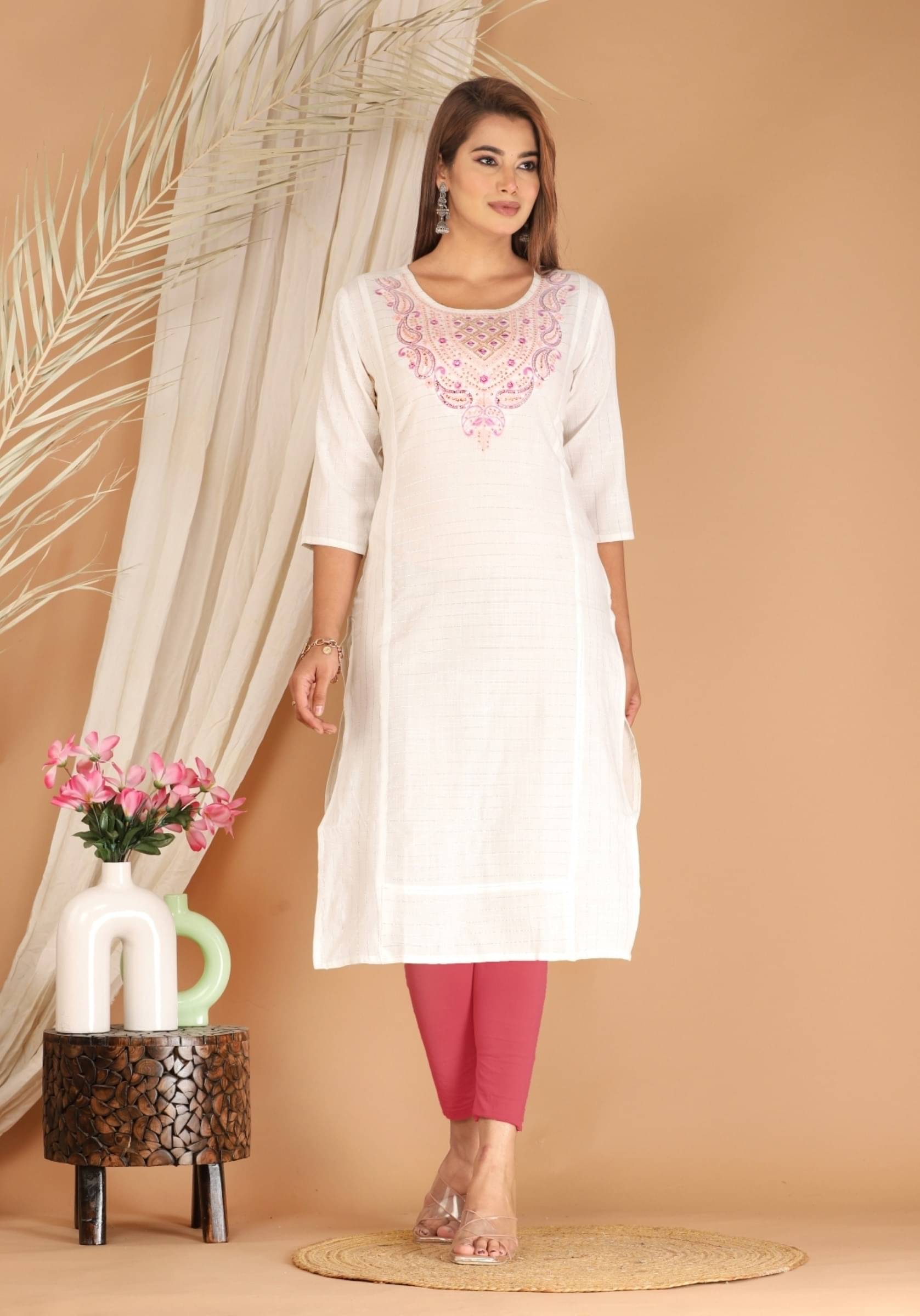 Mehsoos Women's Cotton Embroidered Straight Kurti - ( White ) Mehsoos Women's Cotton Embroidered Straight Kurti - ( White )