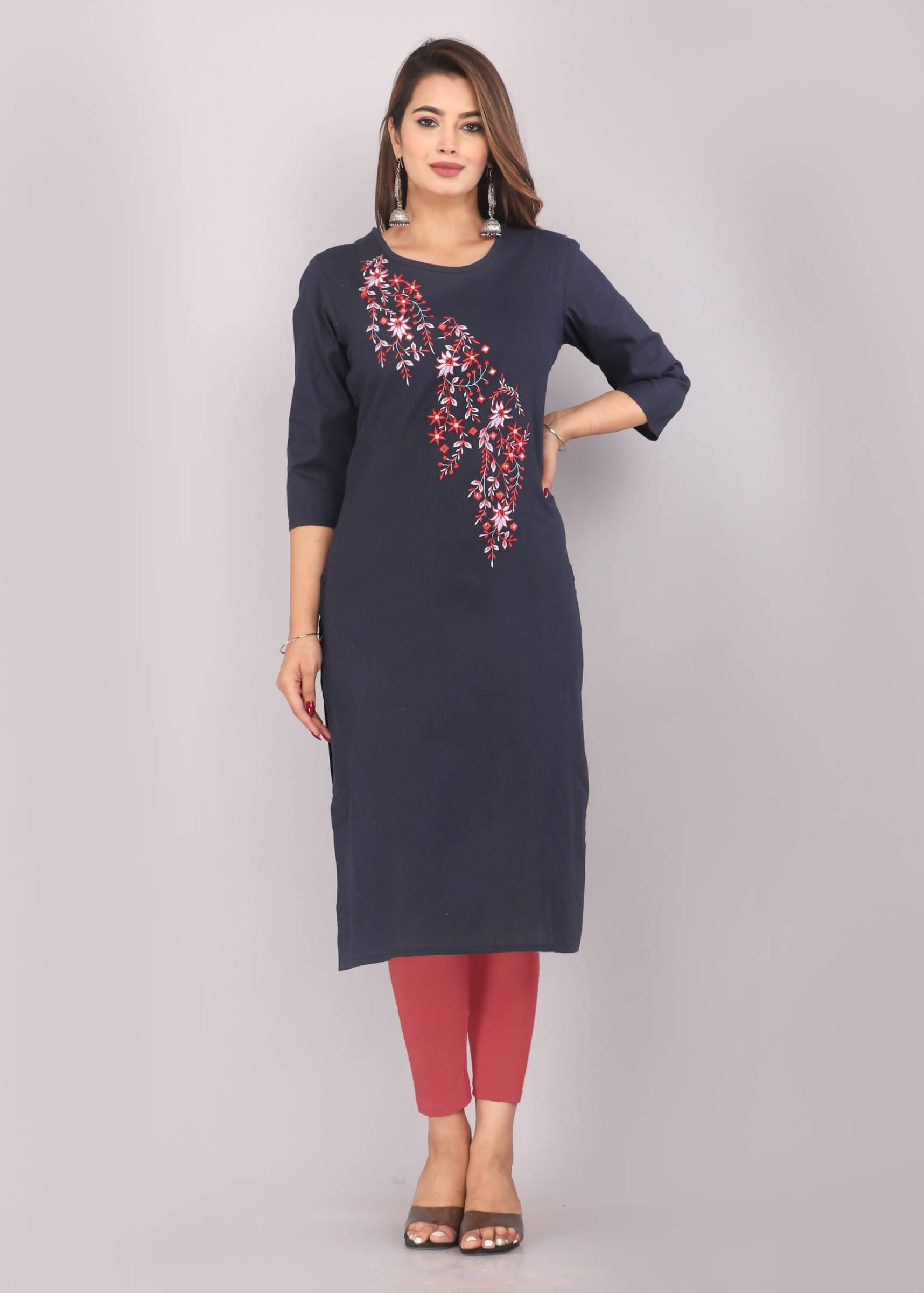 Mehsoos Women's Cotton Embroidered Straight Kurti - ( Dark Blue ) Mehsoos Women's Cotton Embroidered Straight Kurti - ( Dark Blue )