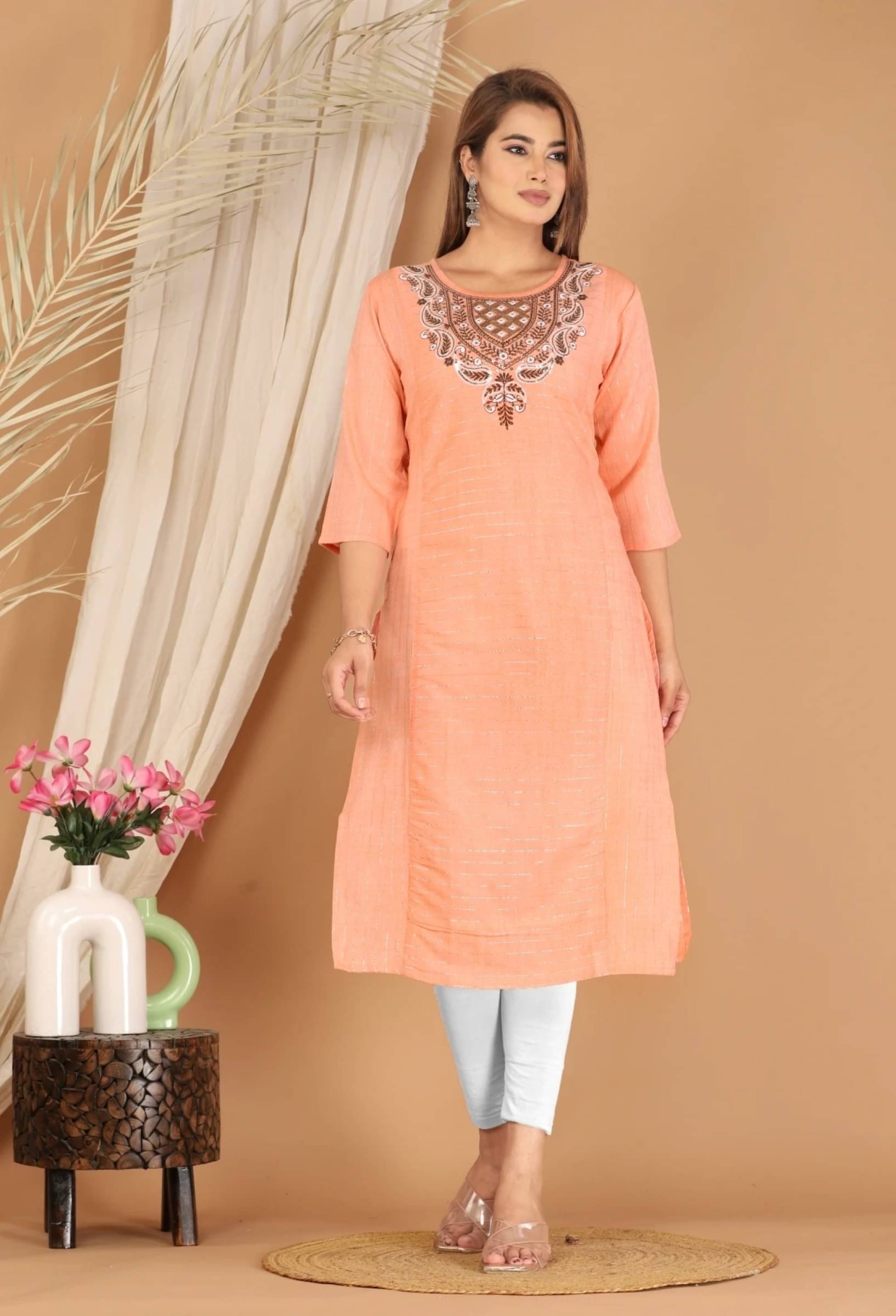 Mehsoos Women's Cotton Embroidered Straight Kurti - ( Orange ) Mehsoos Women's Cotton Embroidered Straight Kurti - ( Orange )
