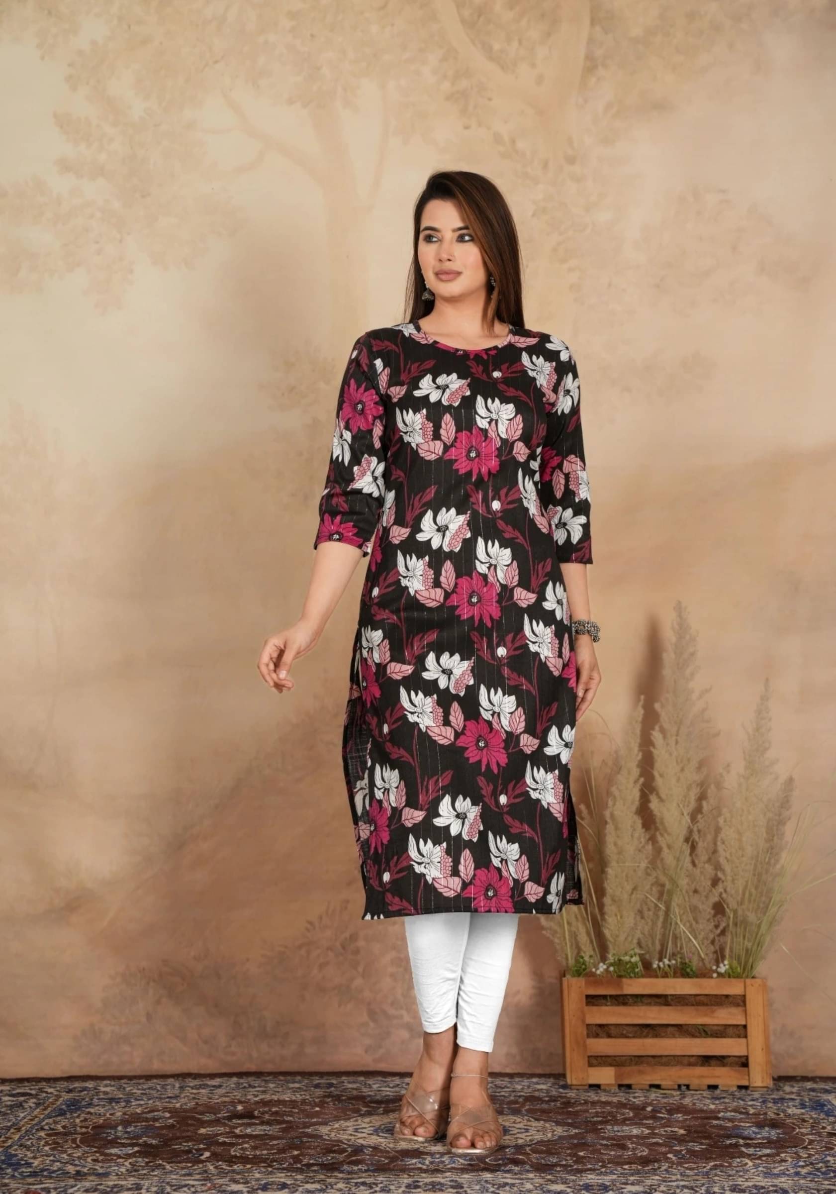     			Mehsoos Women's Cotton Printed Straight Kurti - ( Black )