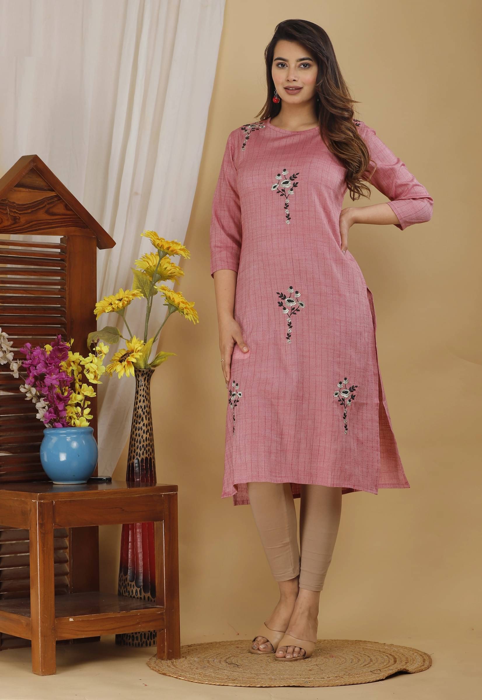 Mehsoos Women's Cotton Silk Embroidered Straight Kurti - ( Pink ) Mehsoos Women's Cotton Silk Embroidered Straight Kurti - ( Pink )