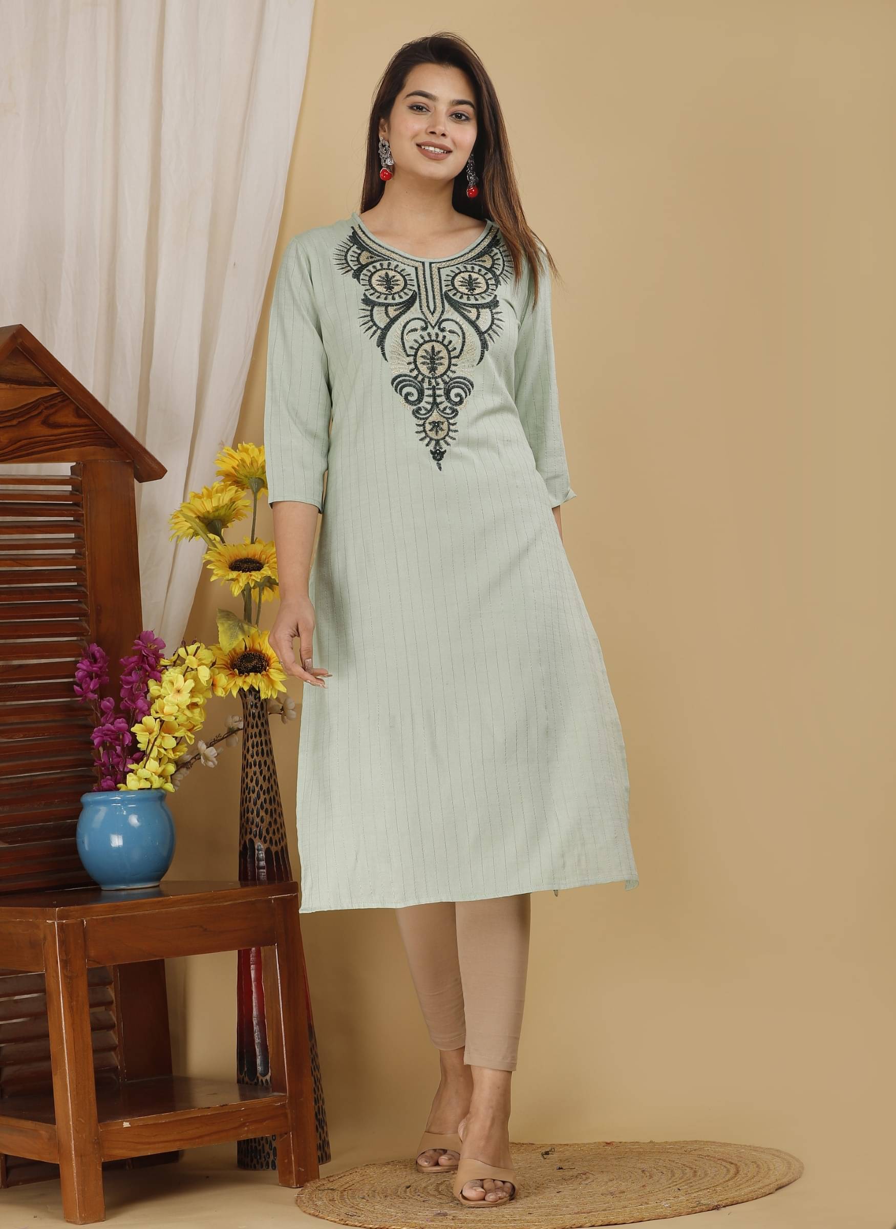 Mehsoos Women's Cotton Silk Embroidered Straight Kurti - ( Green ) Mehsoos Women's Cotton Silk Embroidered Straight Kurti - ( Green )