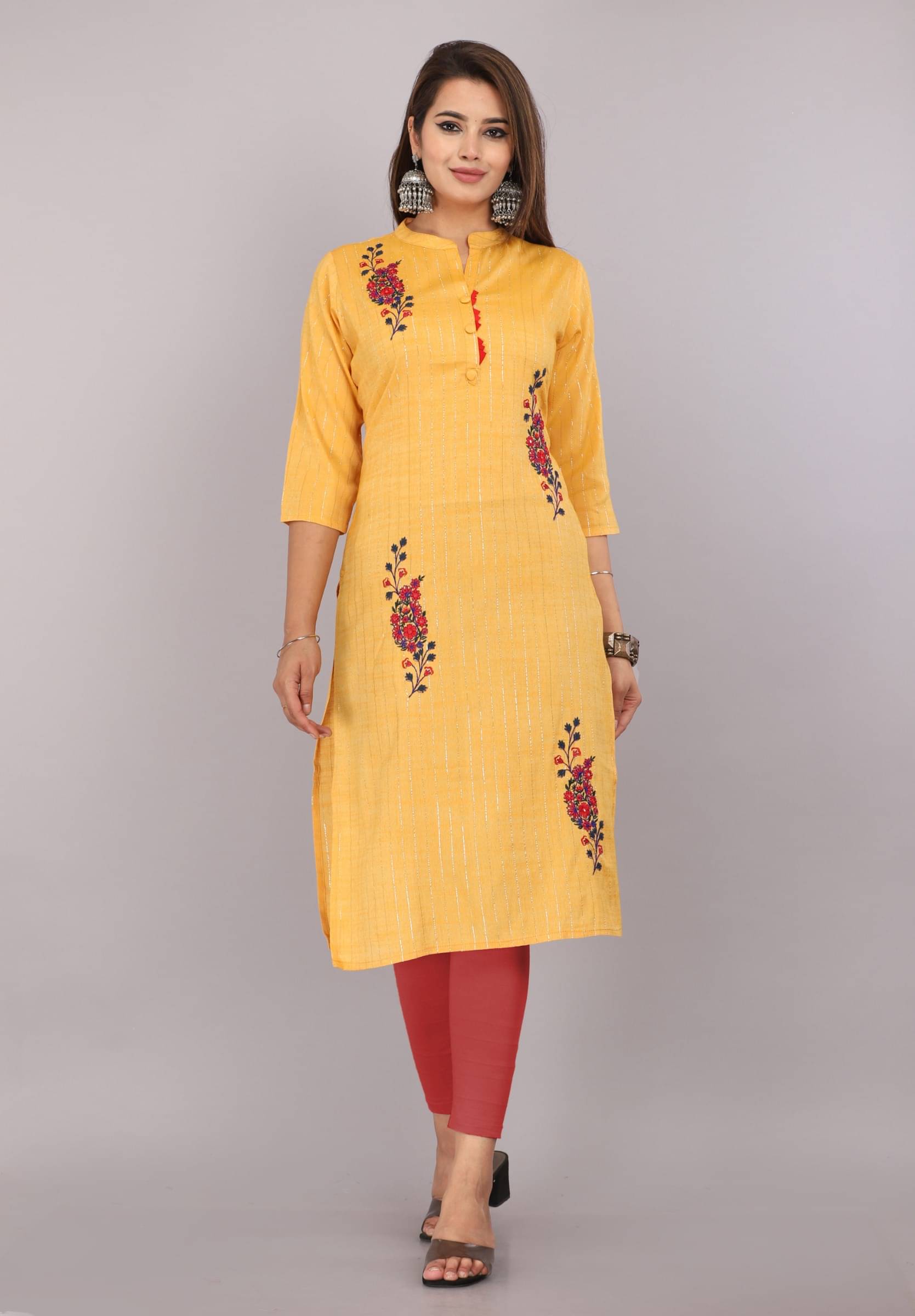 Mehsoos Women's Cotton Silk Embroidered Straight Kurti - ( Yellow ) Mehsoos Women's Cotton Silk Embroidered Straight Kurti - ( Yellow )