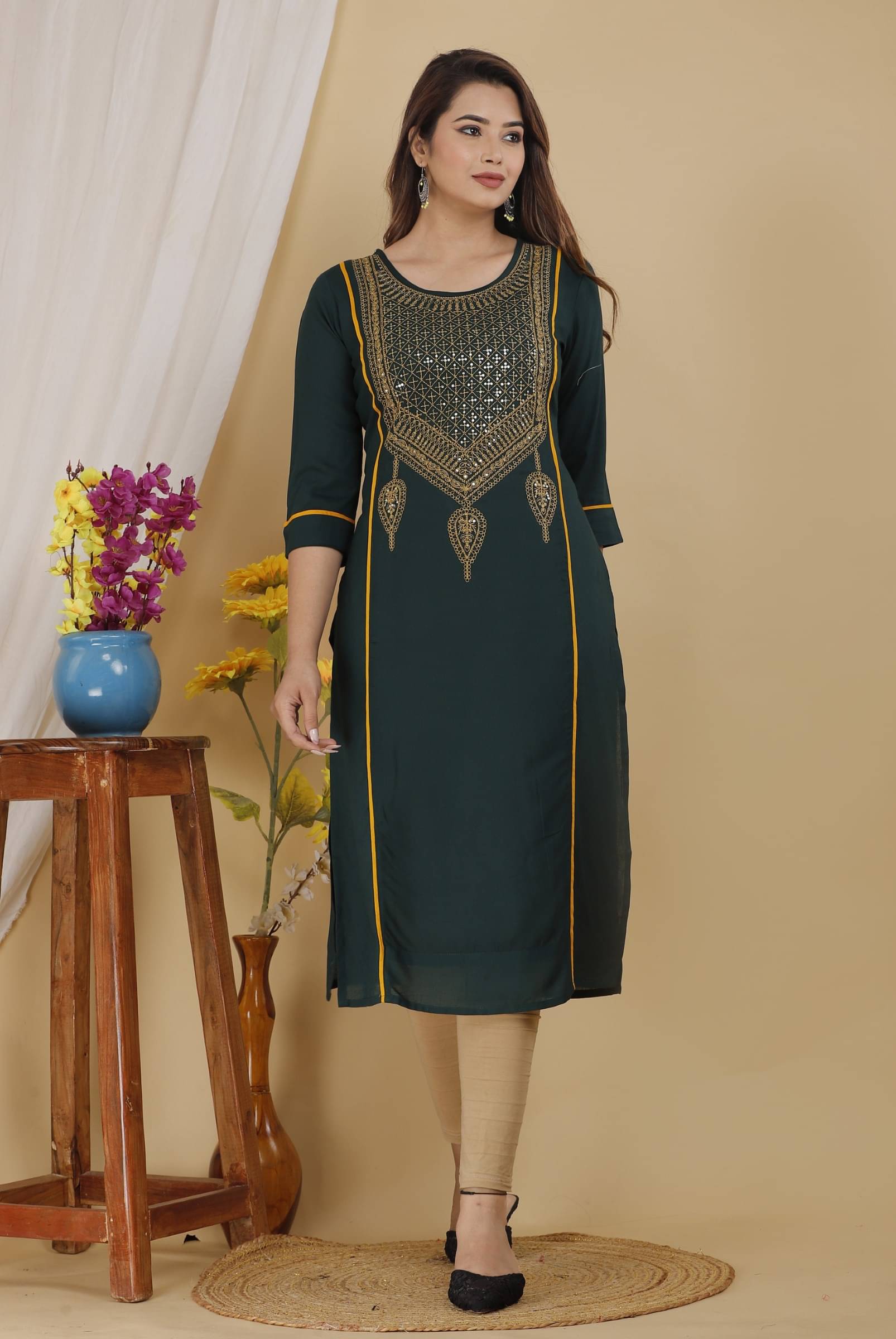     			Mehsoos Women's Viscose Rayon Embroidered Straight Kurti - ( Multicolor )