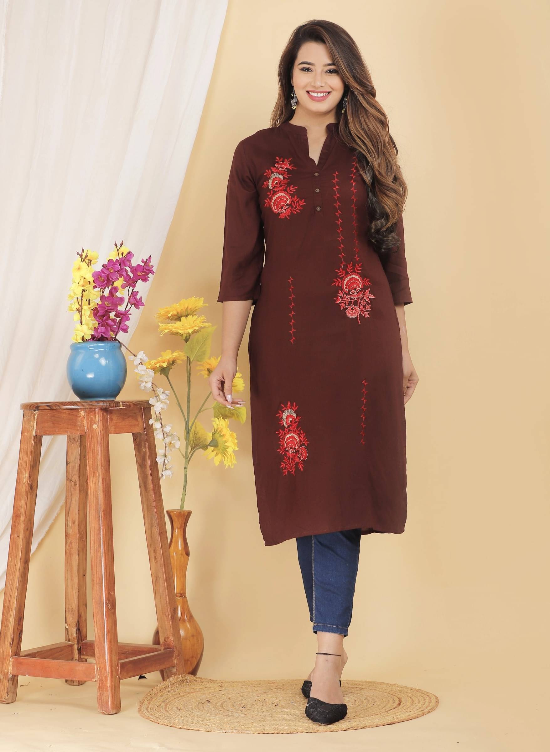     			Mehsoos Women's Viscose Rayon Embroidered Straight Kurti - ( Brown )