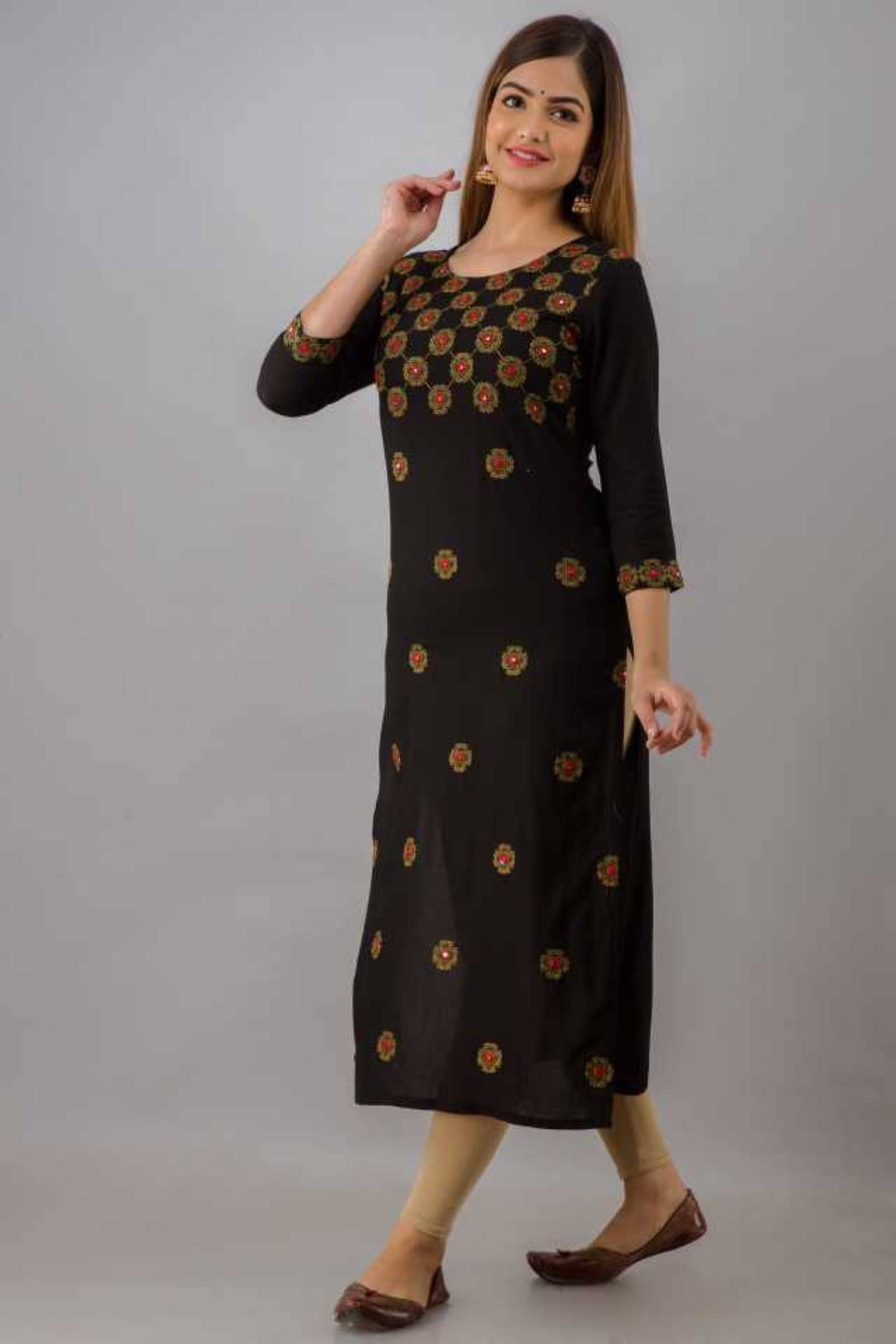 Mehsoos Women's Viscose Rayon Printed Straight Kurti - ( Black ) Mehsoos Women's Viscose Rayon Printed Straight Kurti - ( Black )