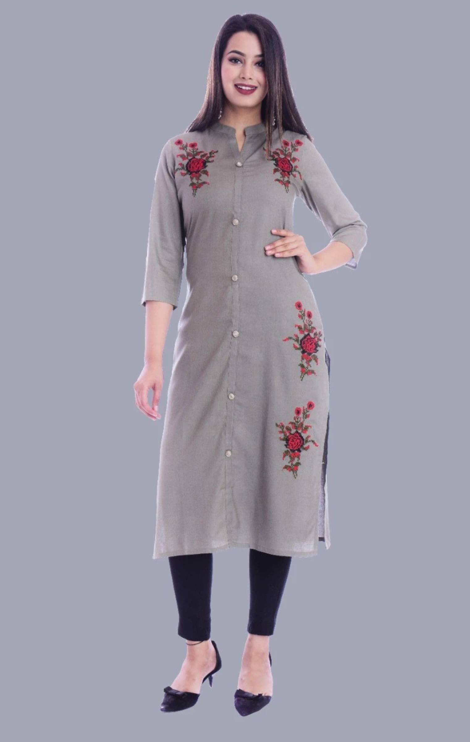 Mehsoos Women's Viscose Rayon Embroidered Straight Kurti - ( Grey )     			Mehsoos Women's Viscose Rayon Embroidered Straight Kurti - ( Grey )