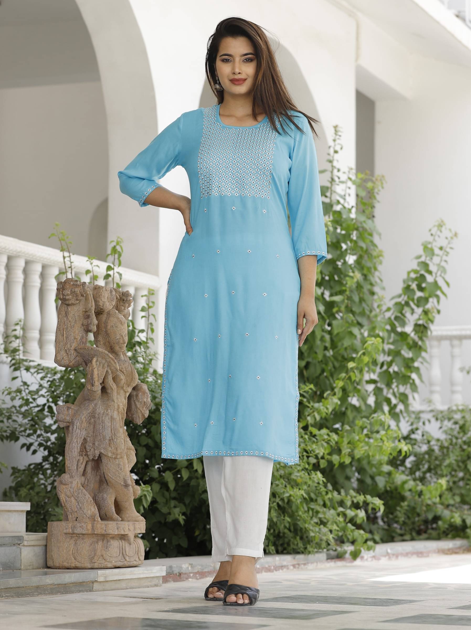     			Mehsoos Women's Viscose Rayon Printed Straight Kurti - ( Light Blue )