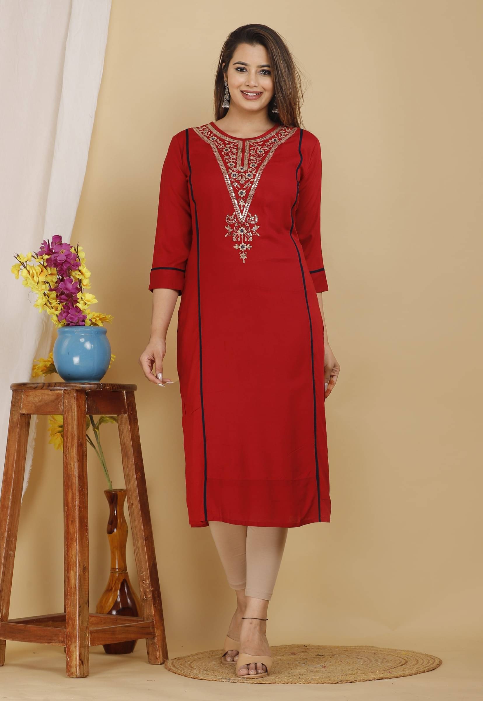 Mehsoos Women's Viscose Rayon Embroidered Straight Kurti - ( Maroon ) Mehsoos Women's Viscose Rayon Embroidered Straight Kurti - ( Maroon )