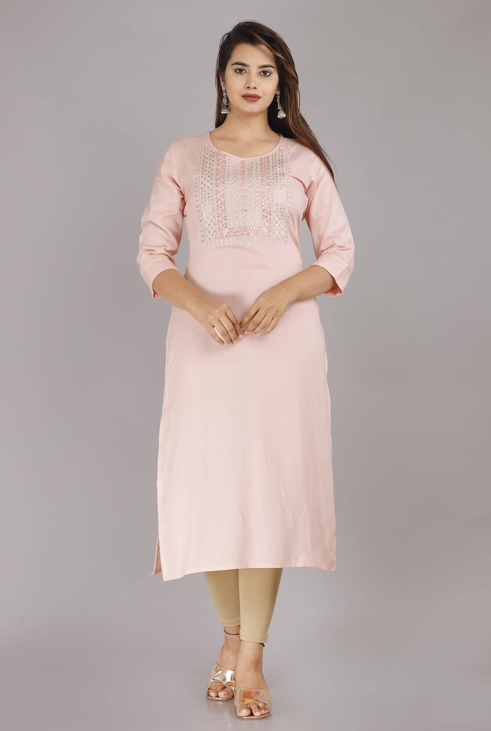     			Mehsoos Women's Viscose Rayon Embroidered Straight Kurti - ( Pink )