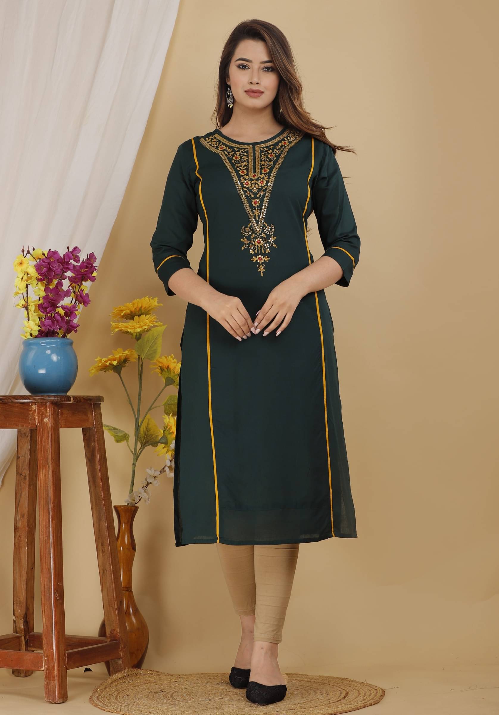     			Mehsoos Women's Viscose Rayon Embroidered A-line Kurti - ( Dark Green )