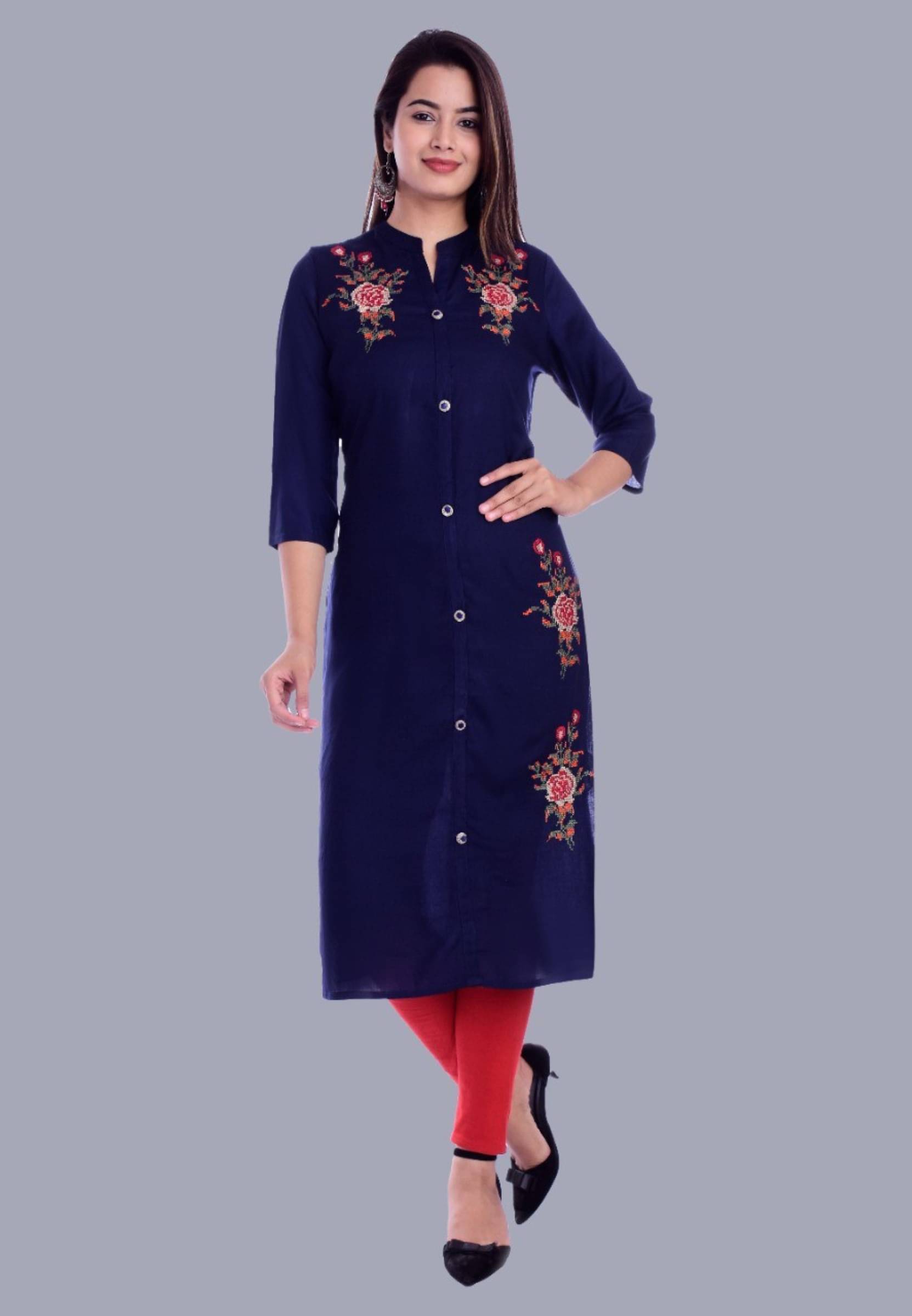     			Mehsoos Women's Viscose Rayon Embroidered Straight Kurti - ( Blue )