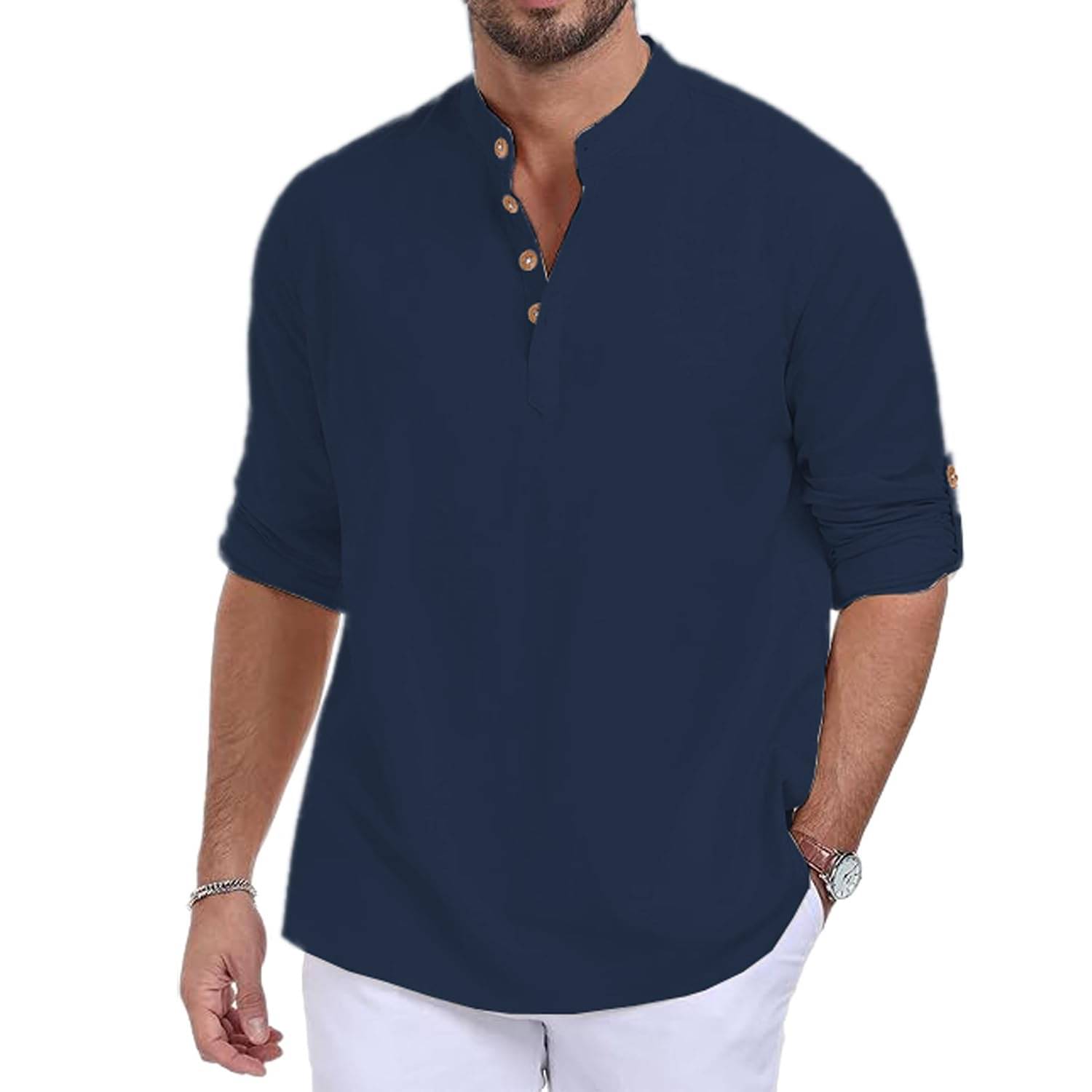     			Navkanj Navy Blue Cotton Blend Men's Shirt Style Kurta ( Pack of 1 )