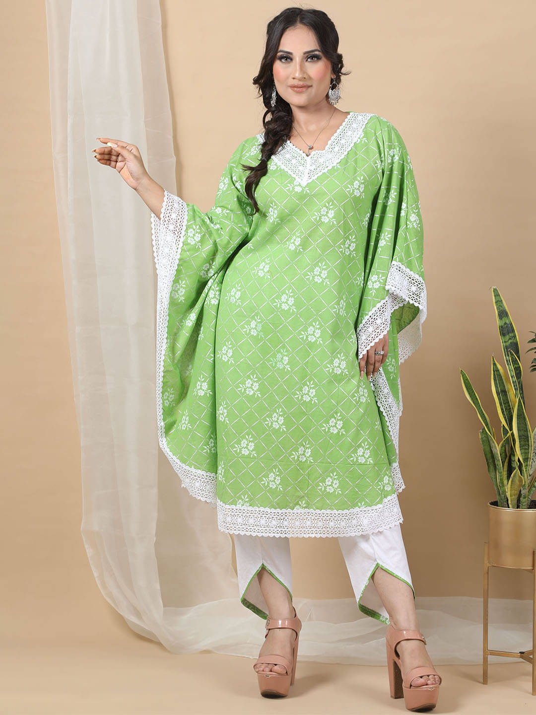     			Ridaa Women's Crepe Printed Kaftan Kurti - ( Light Green )