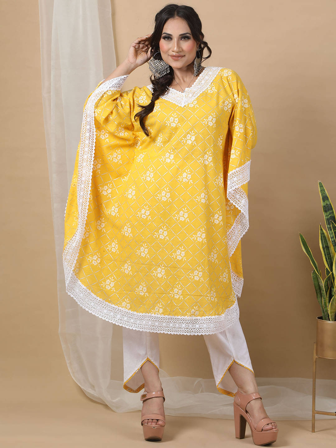     			Ridaa Women's Crepe Printed Kaftan Kurti - ( Yellow )