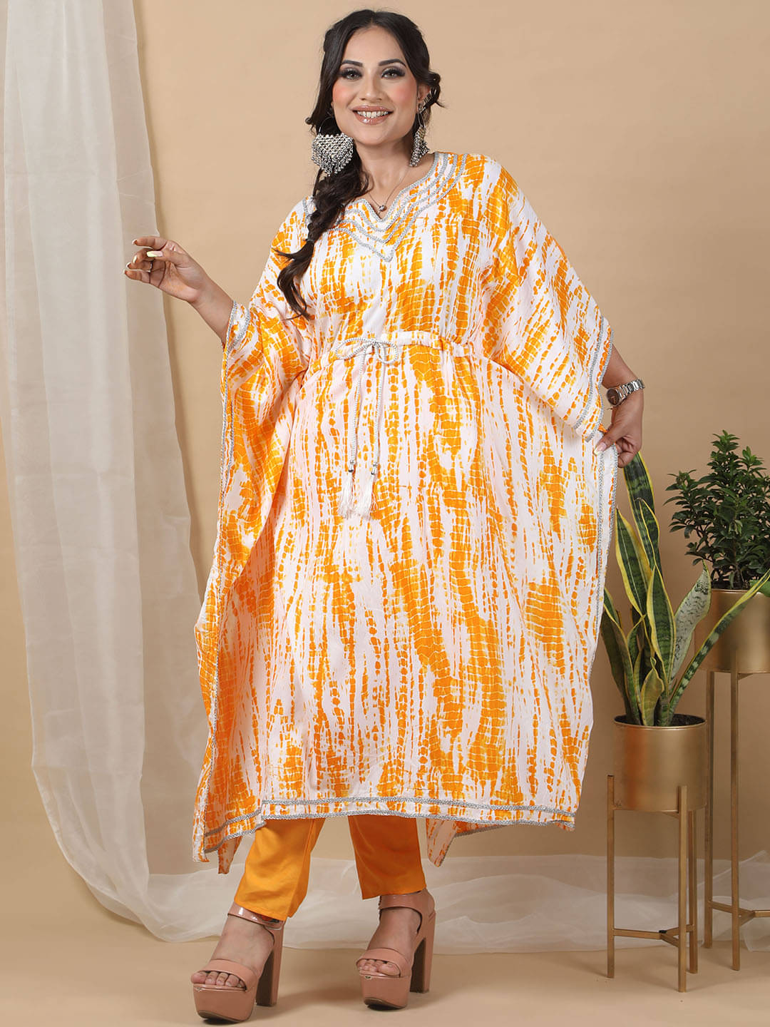     			Ridaa Women's Crepe Printed Kaftan Kurti - ( Yellow )